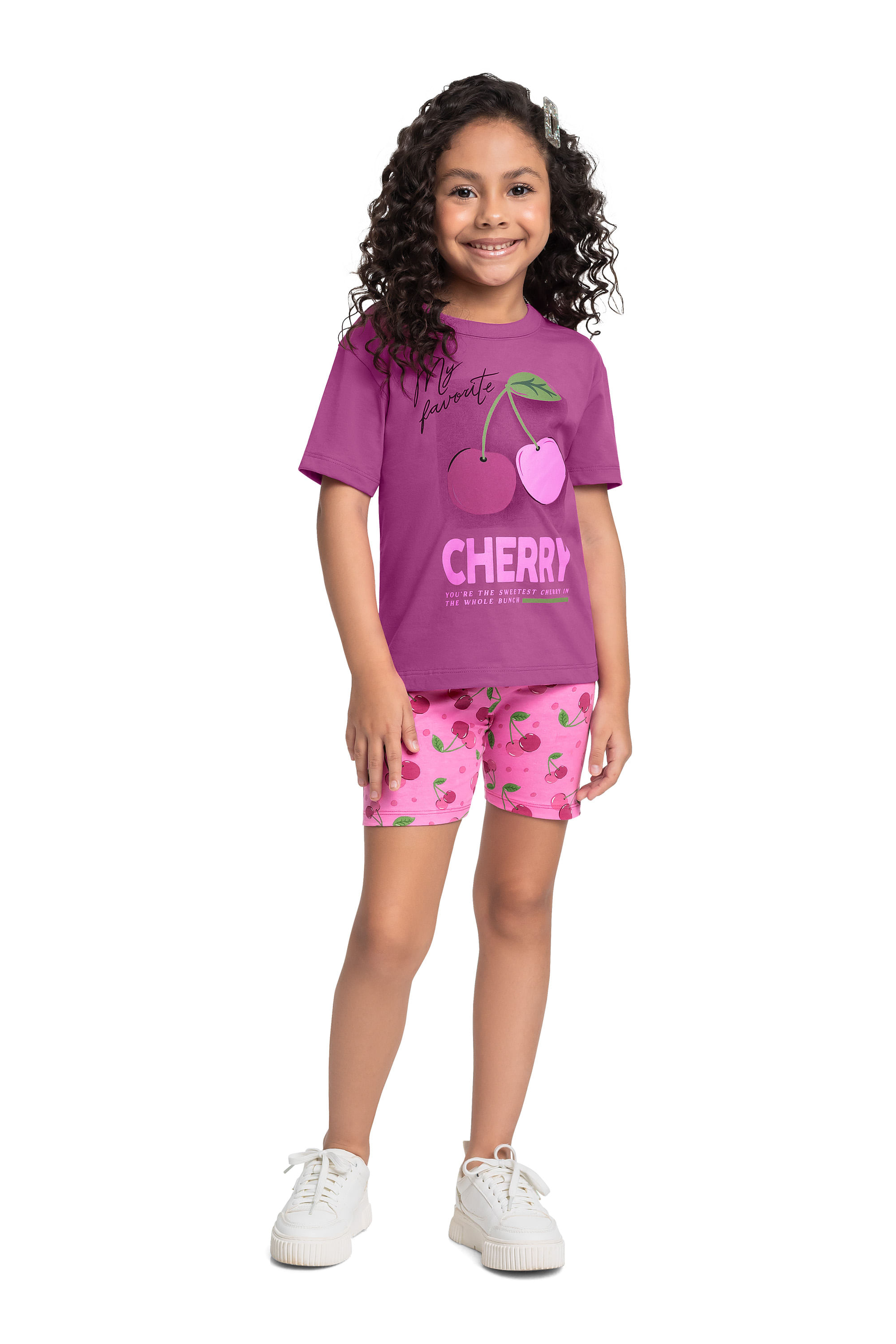Conjunto Cerejinhas com Blusa e Bermuda Ciclista para Menina (Roxo) Bee Loop