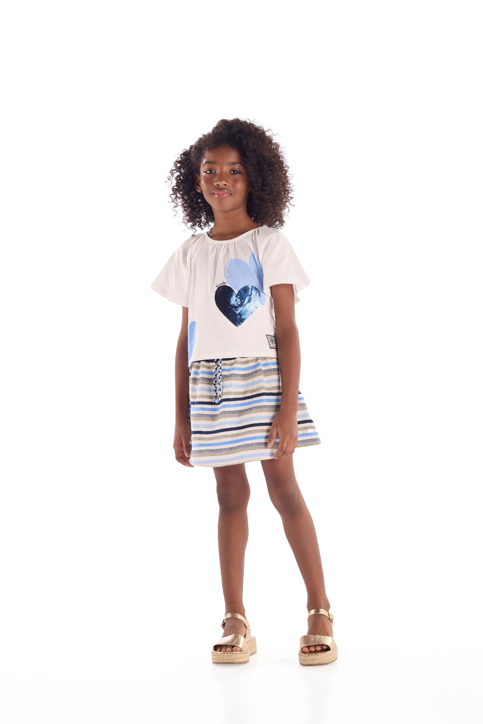 Conjunto Feminino Infantil com Blusa e Saia Listrado com Short (Branco) Quimby