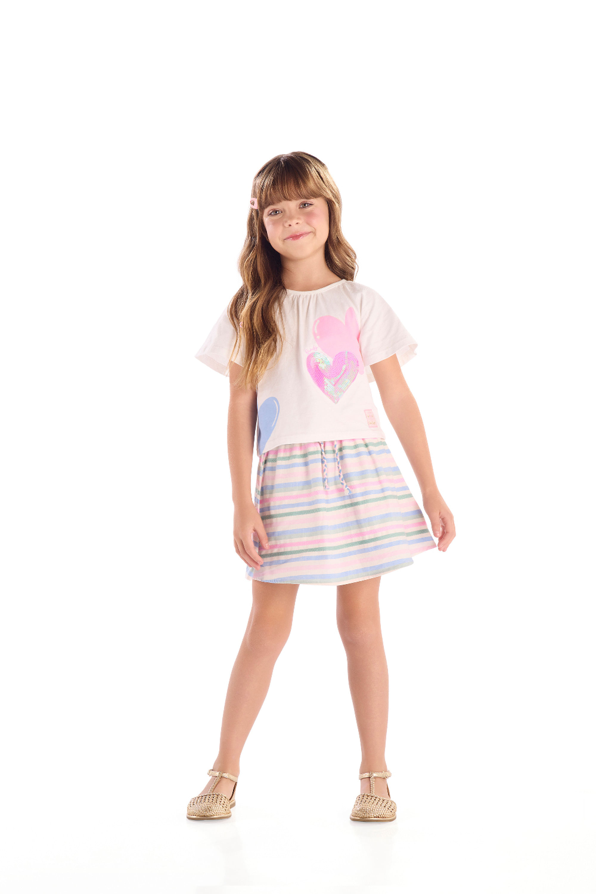 Conjunto Feminino Infantil com Blusa e Saia Listrado com Short (Bege) Quimby