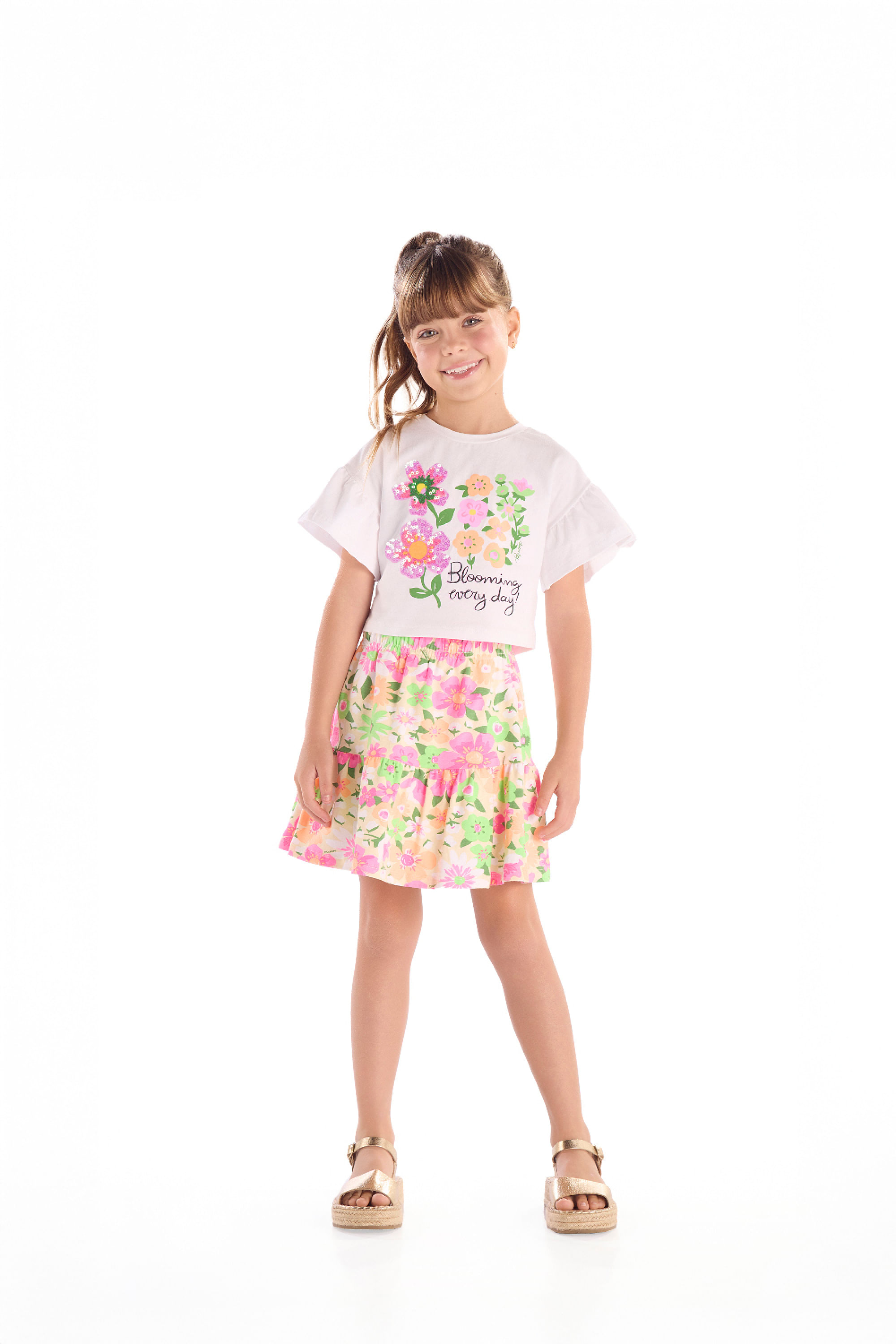 Conjunto Infantil Floral com Blusa e Short-Saia (Branco) Quimby
