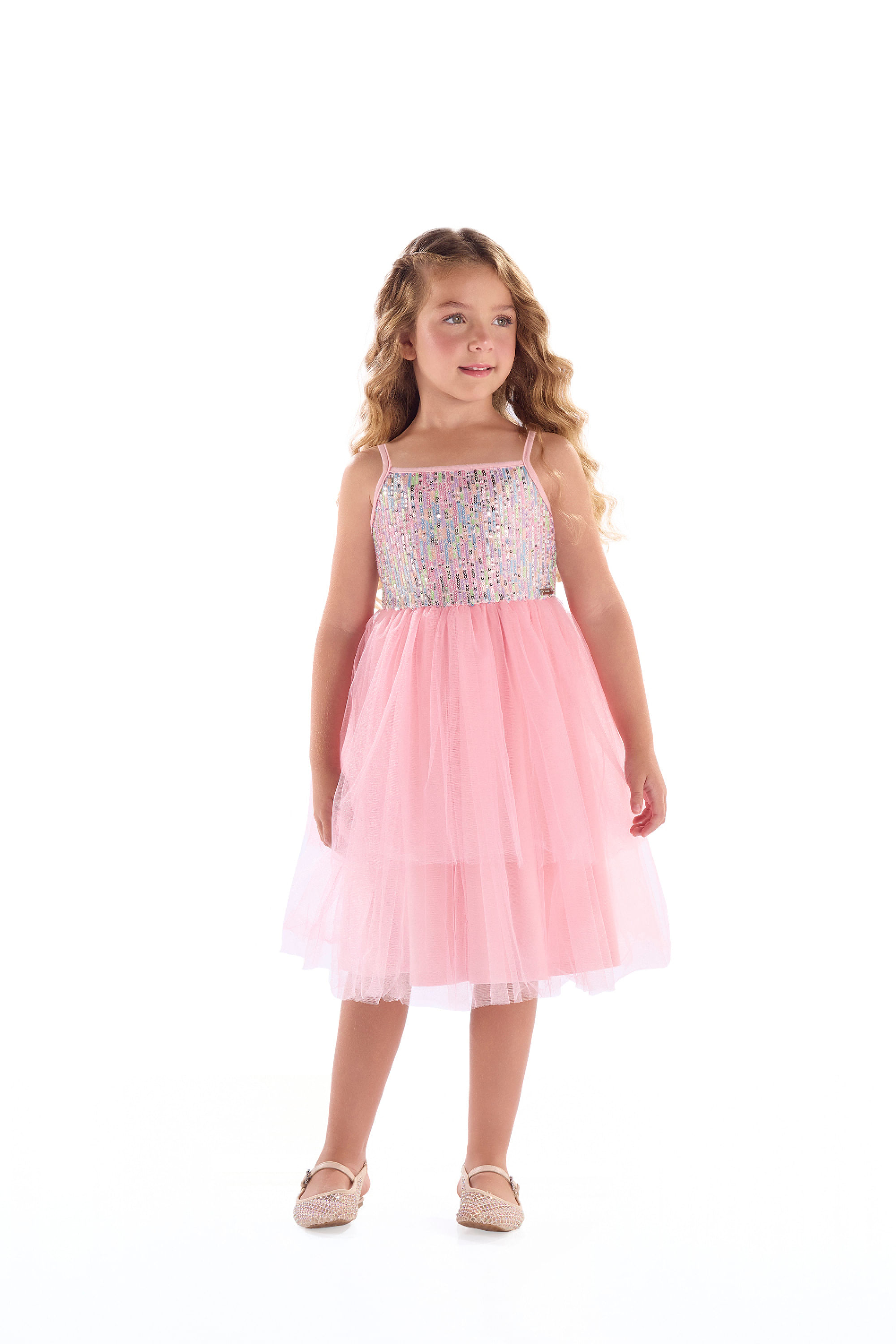 Vestido Infantil em Paetê e Tule com Forro (Rosa) Quimby
