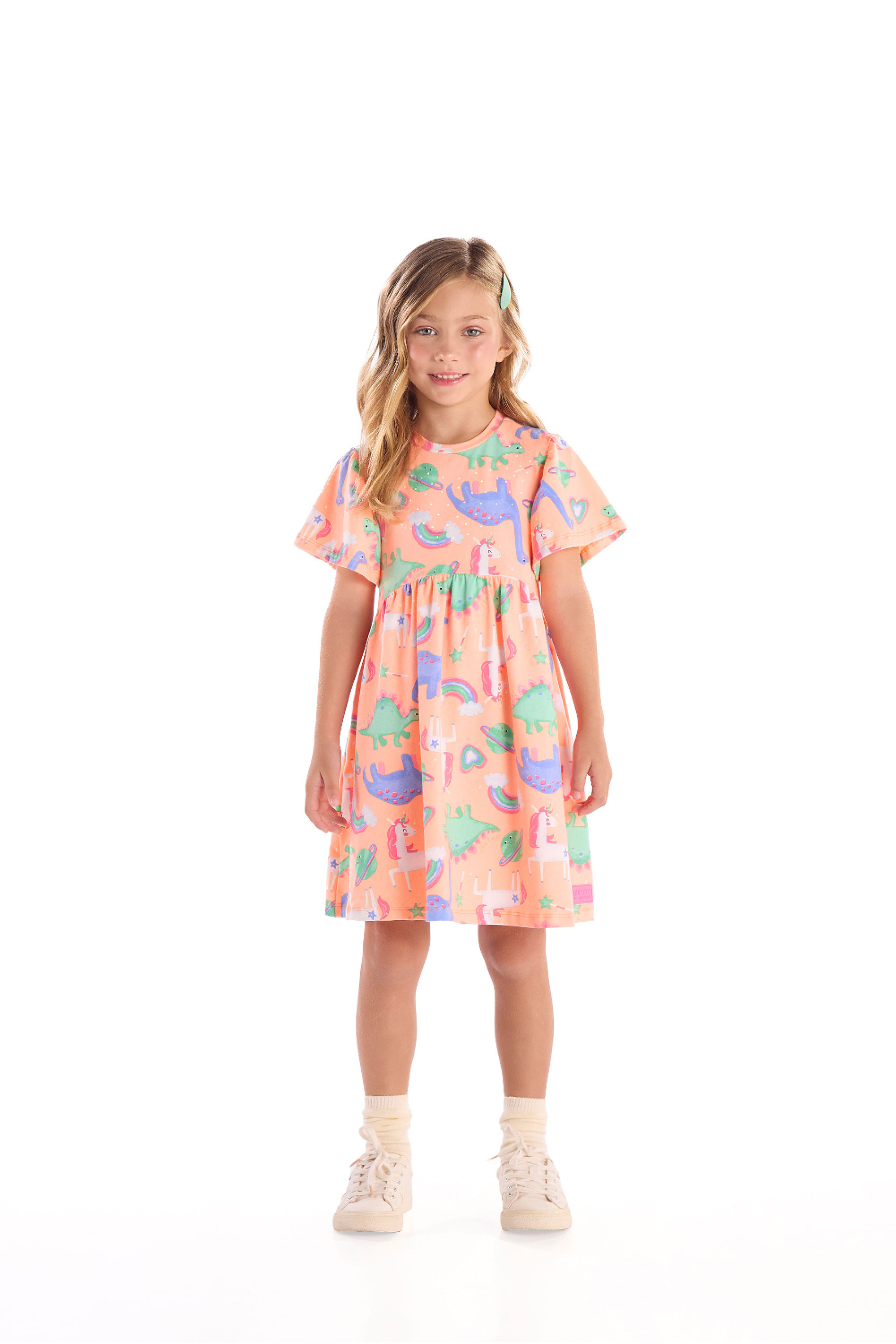 Vestido Infantil em Cotton Dinos e Unicórnios (Laranja) Quimby