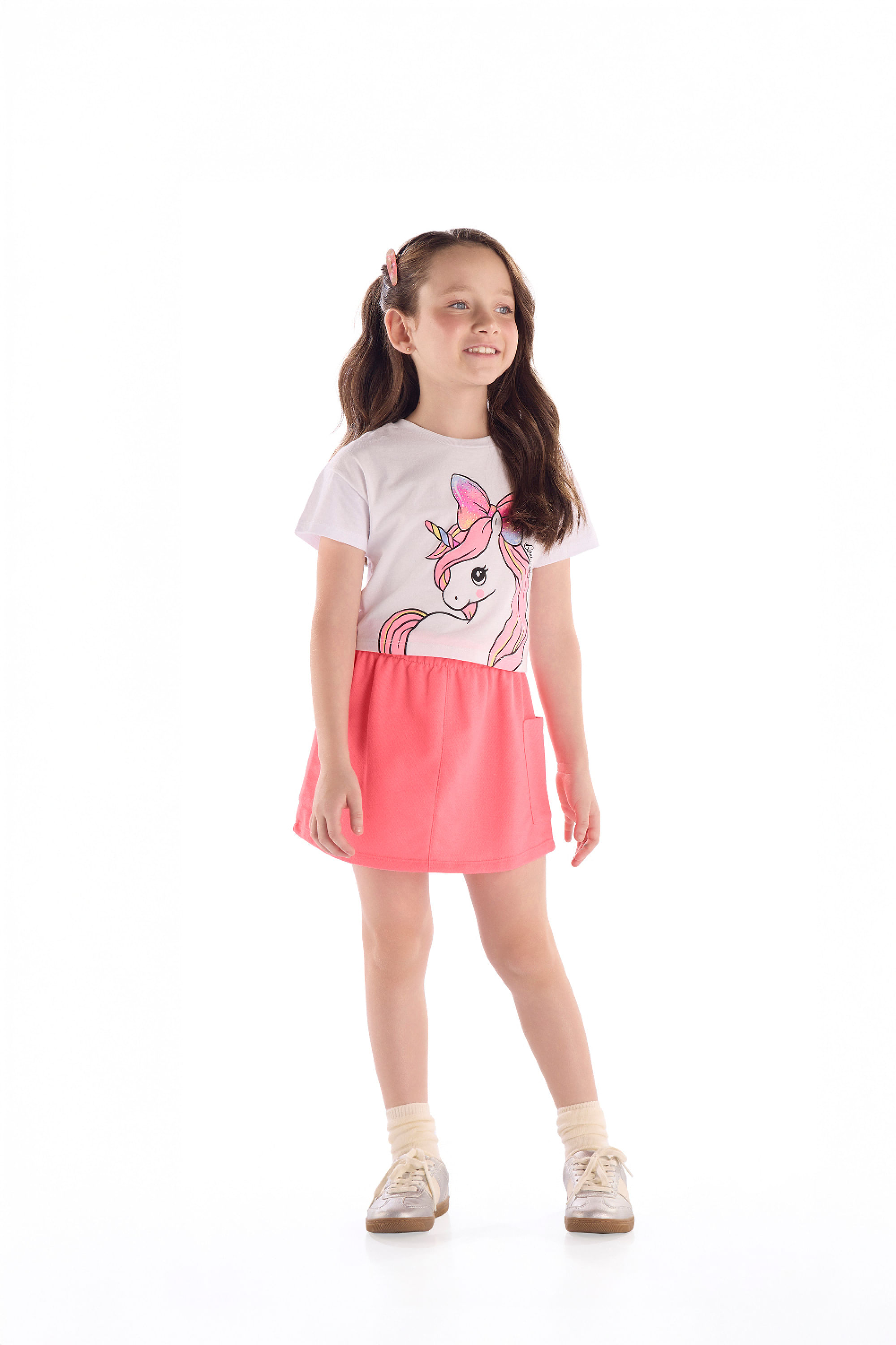 Conjunto Infantil Feminino com Blusa de Unicórnio e Saia (Branco) Quimby