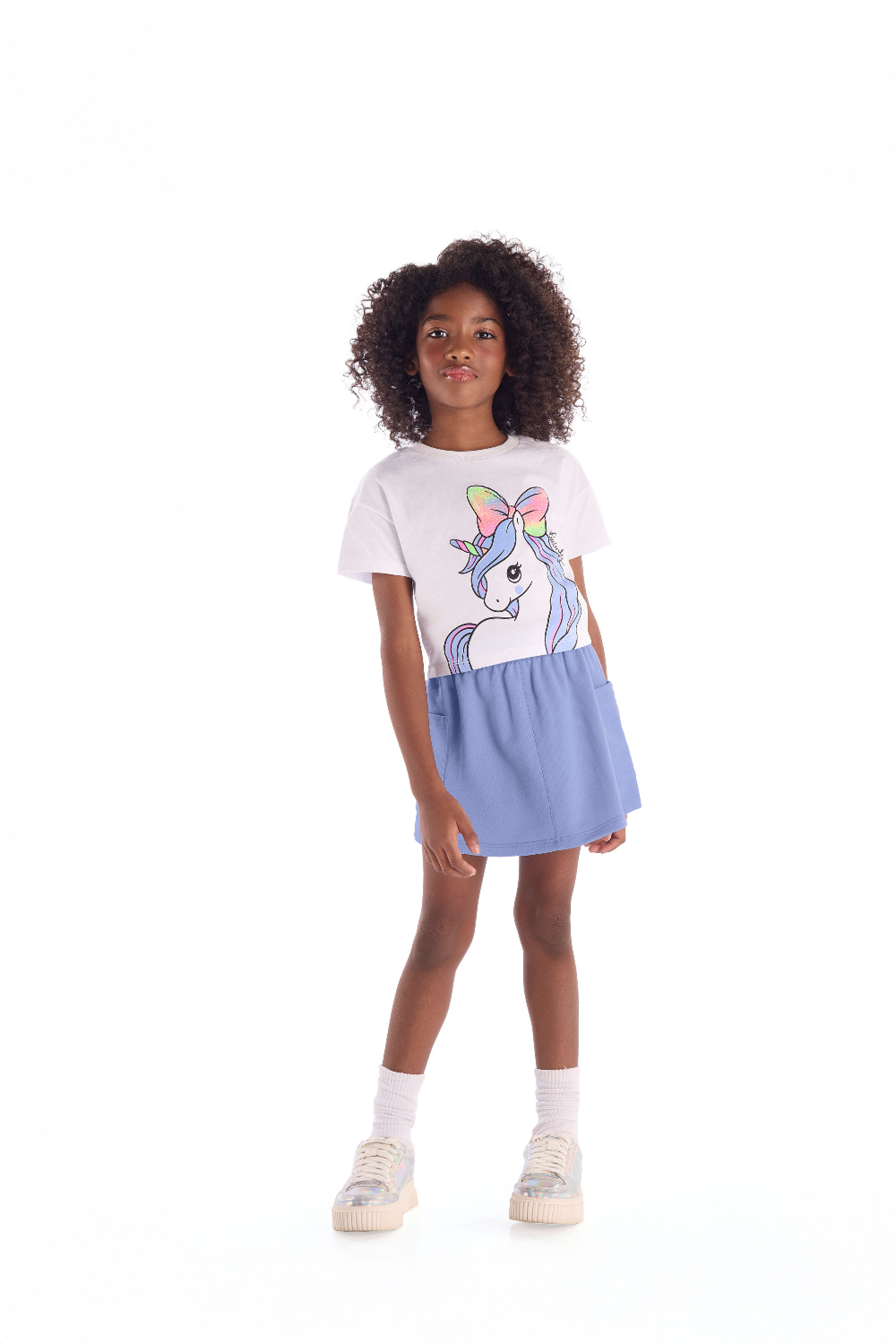 Conjunto Infantil Feminino com Blusa de Unicórnio e Saia (Branco) Quimby