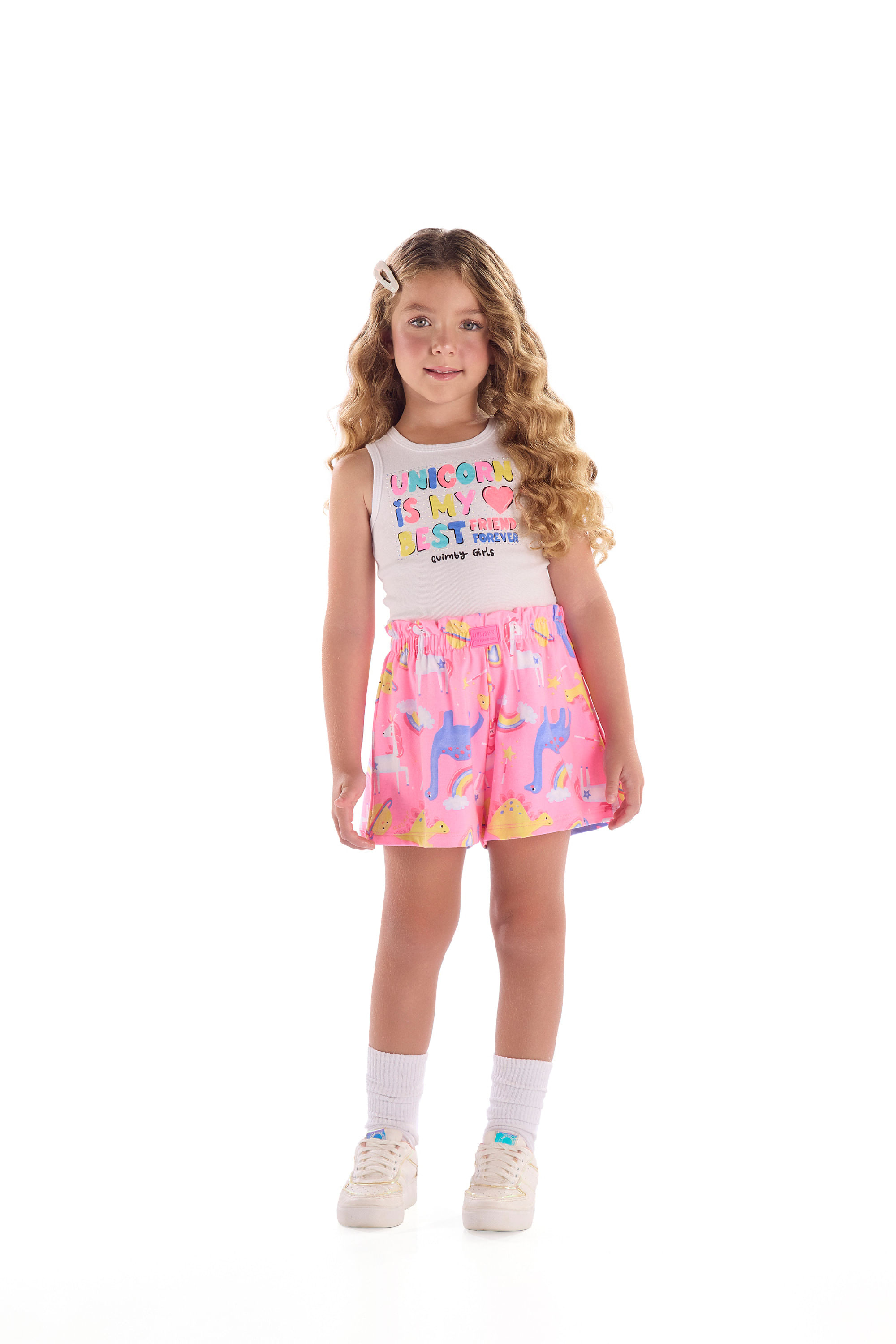 Conjunto Infantil Feminino com Blusa em Ribana e Short (Branco) Quimby