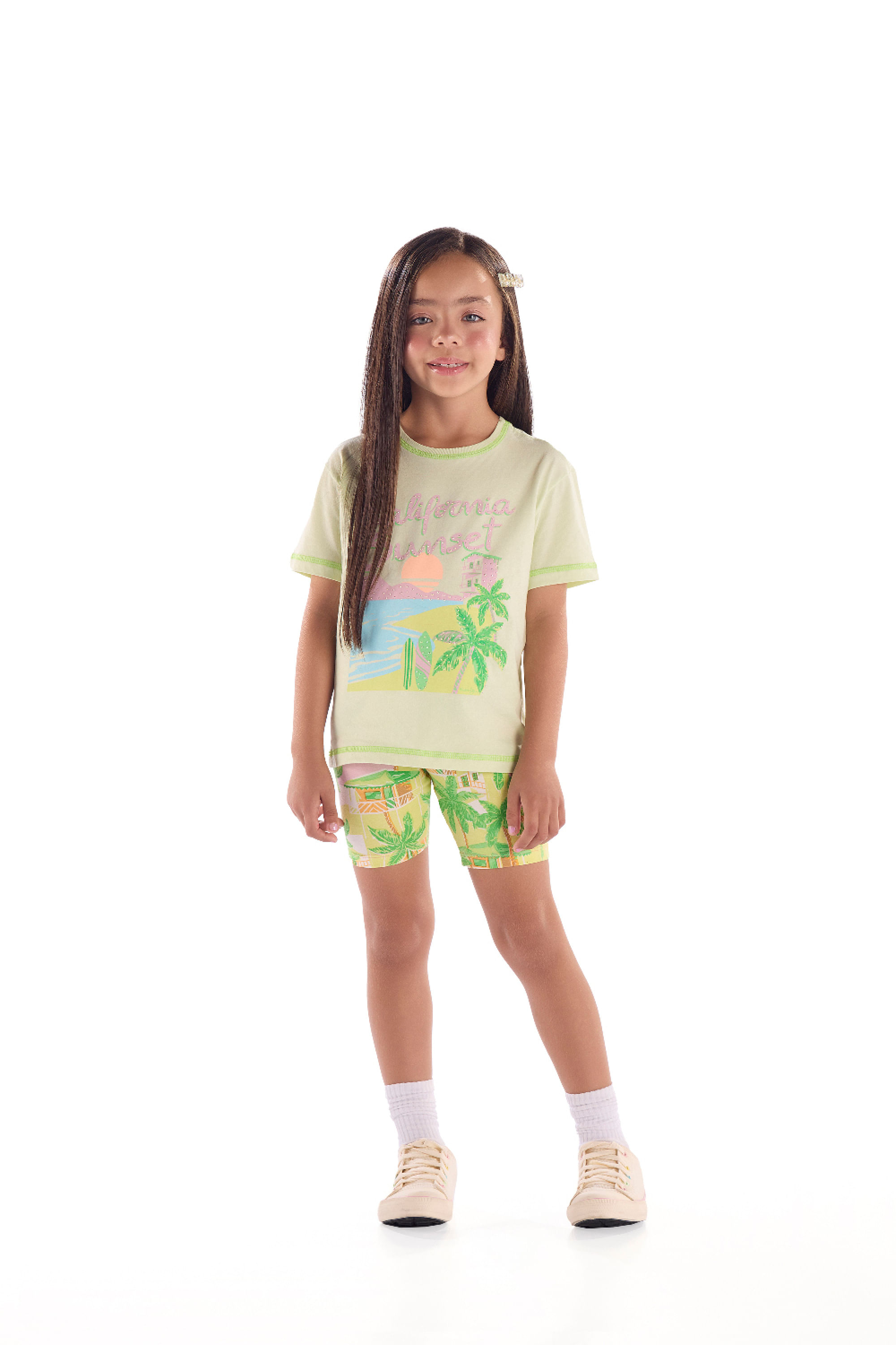 Conjunto Infantil Feminino com Blusa Estampada e Ciclista (Verde Claro) Quimby
