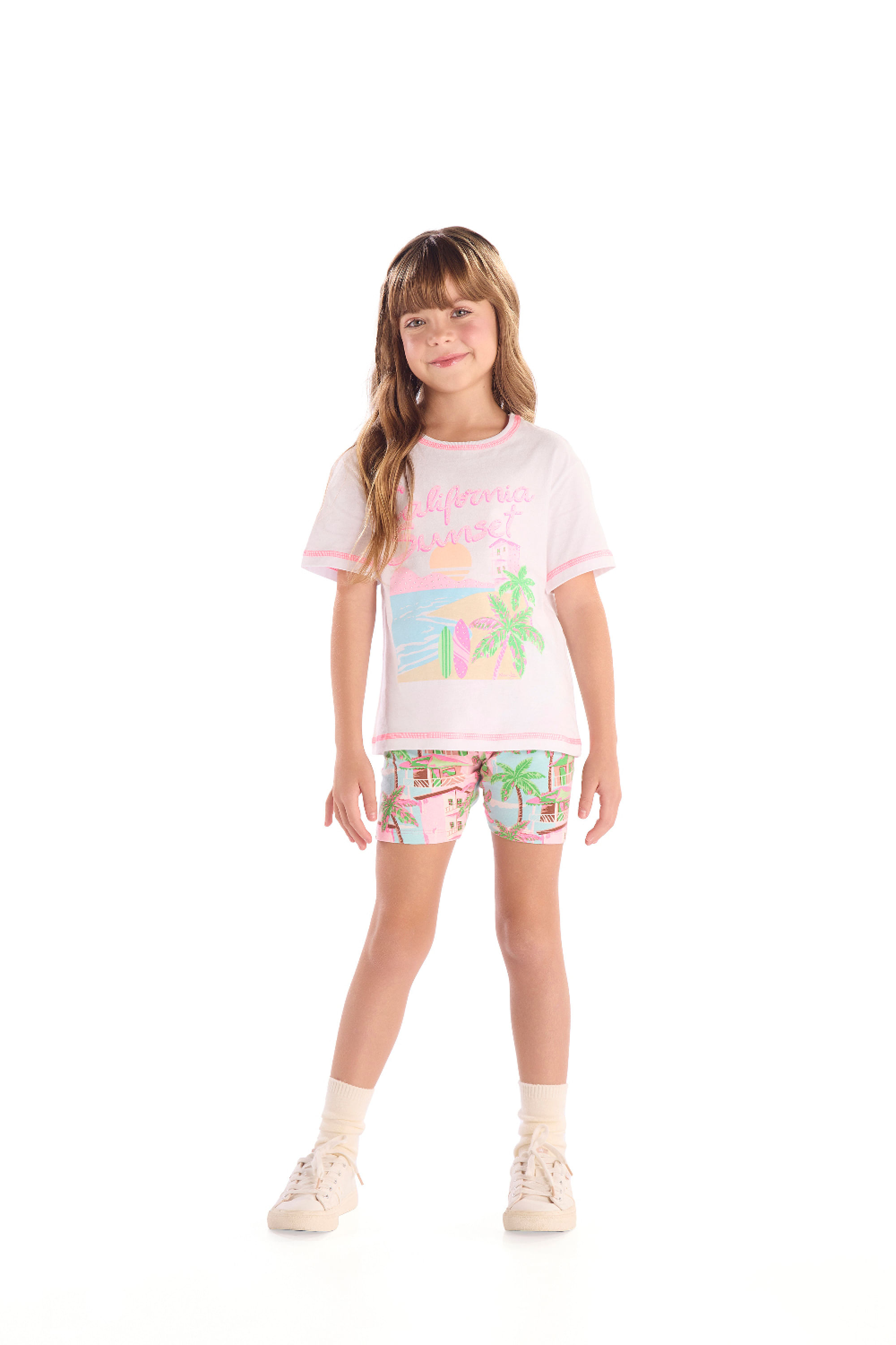 Conjunto Infantil Feminino com Blusa Estampada e Ciclista (Branco) Quimby