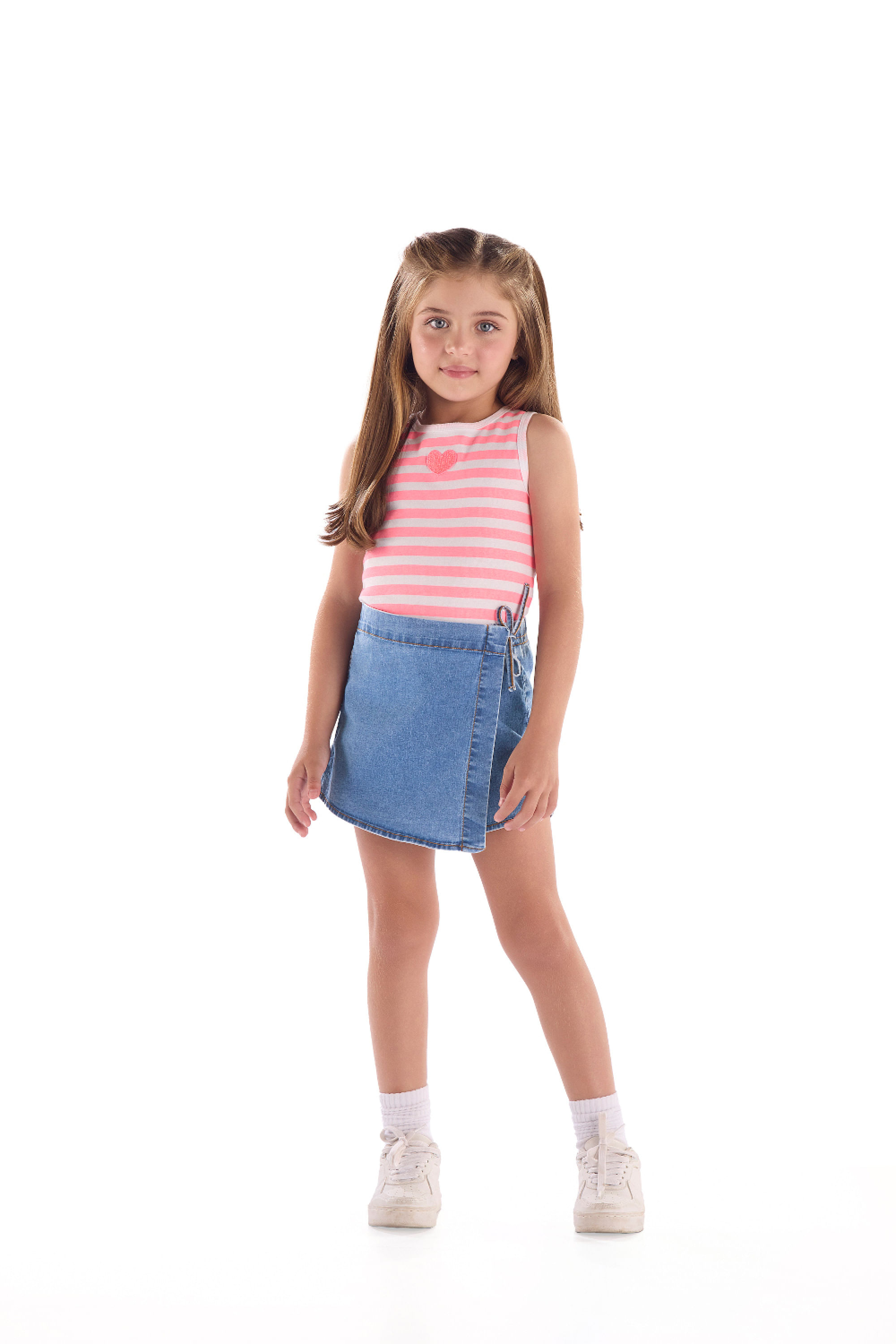 Conjunto Infantil Cropped Listrado e Short-Saia Jeans (Rosa) Quimby