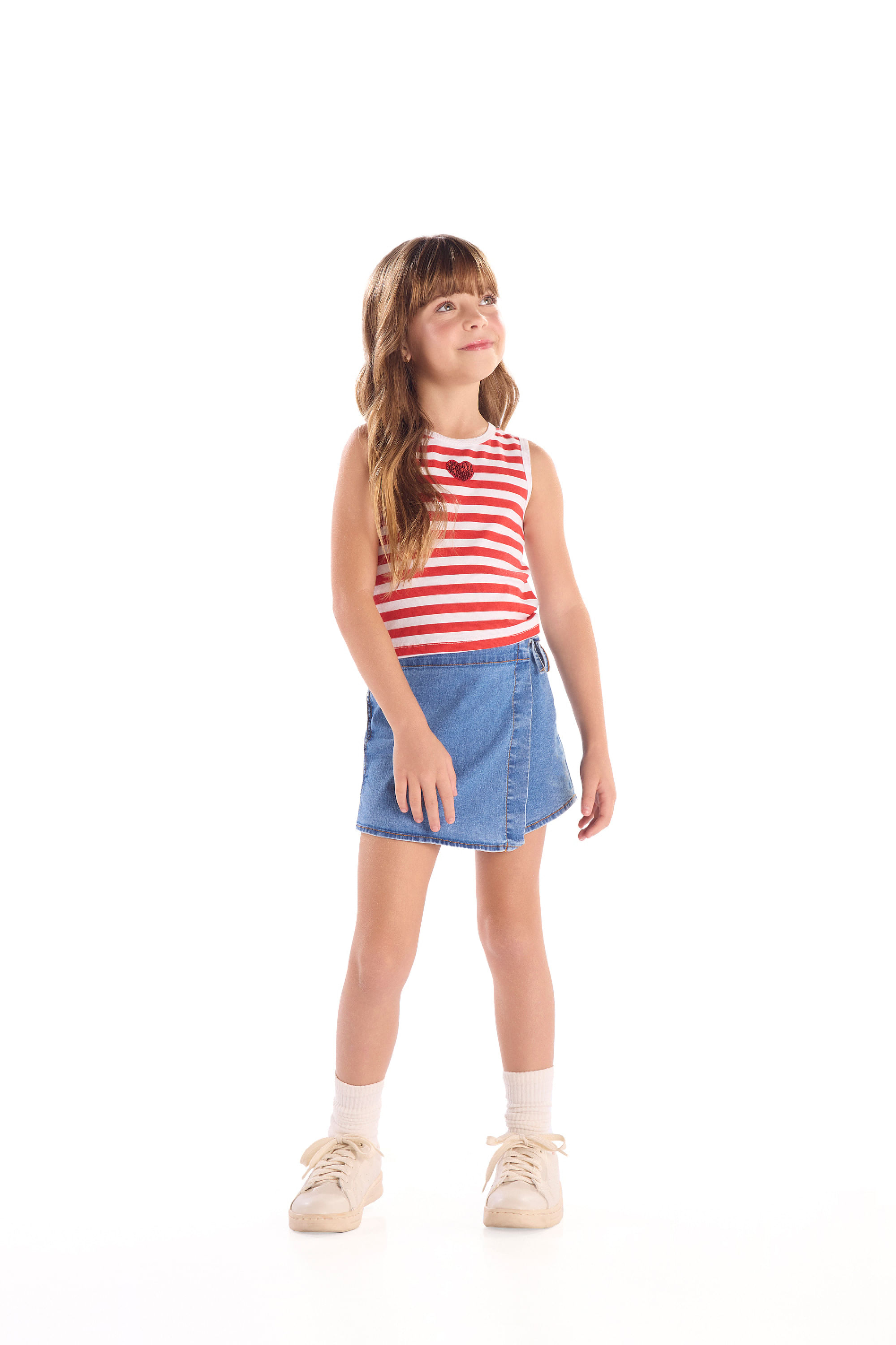 Conjunto Infantil Cropped Listrado e Short-Saia Jeans (Vermelho ) Quimby