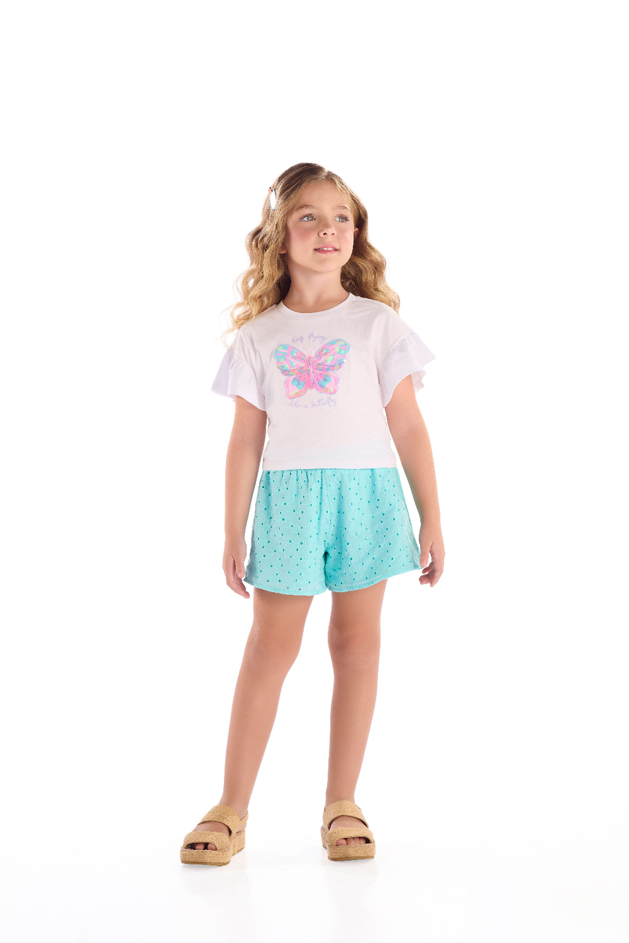 Conjunto Infantil Blusa Borboleta e Short em Laise (Branco) Quimby