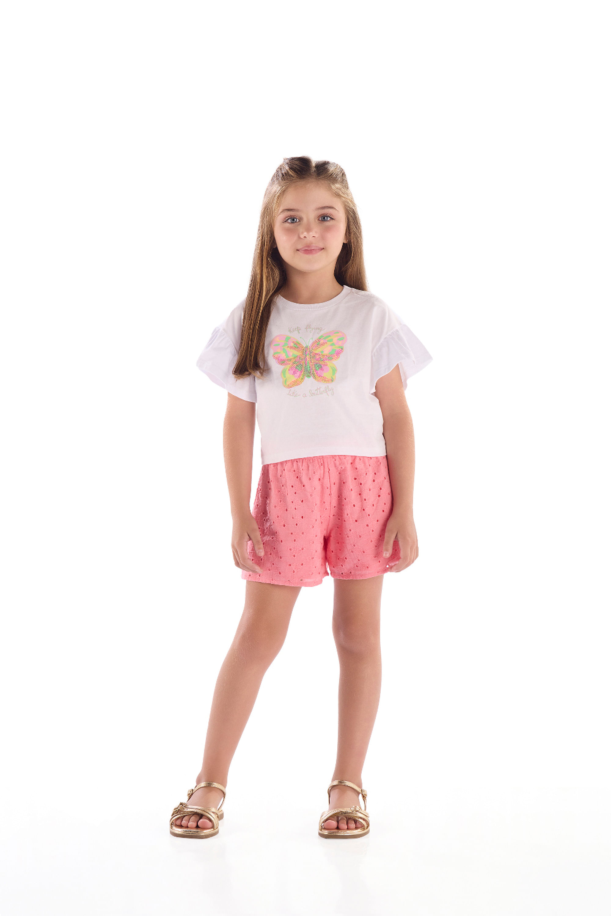 Conjunto Infantil Blusa Borboleta e Short em Laise (Branco) Quimby