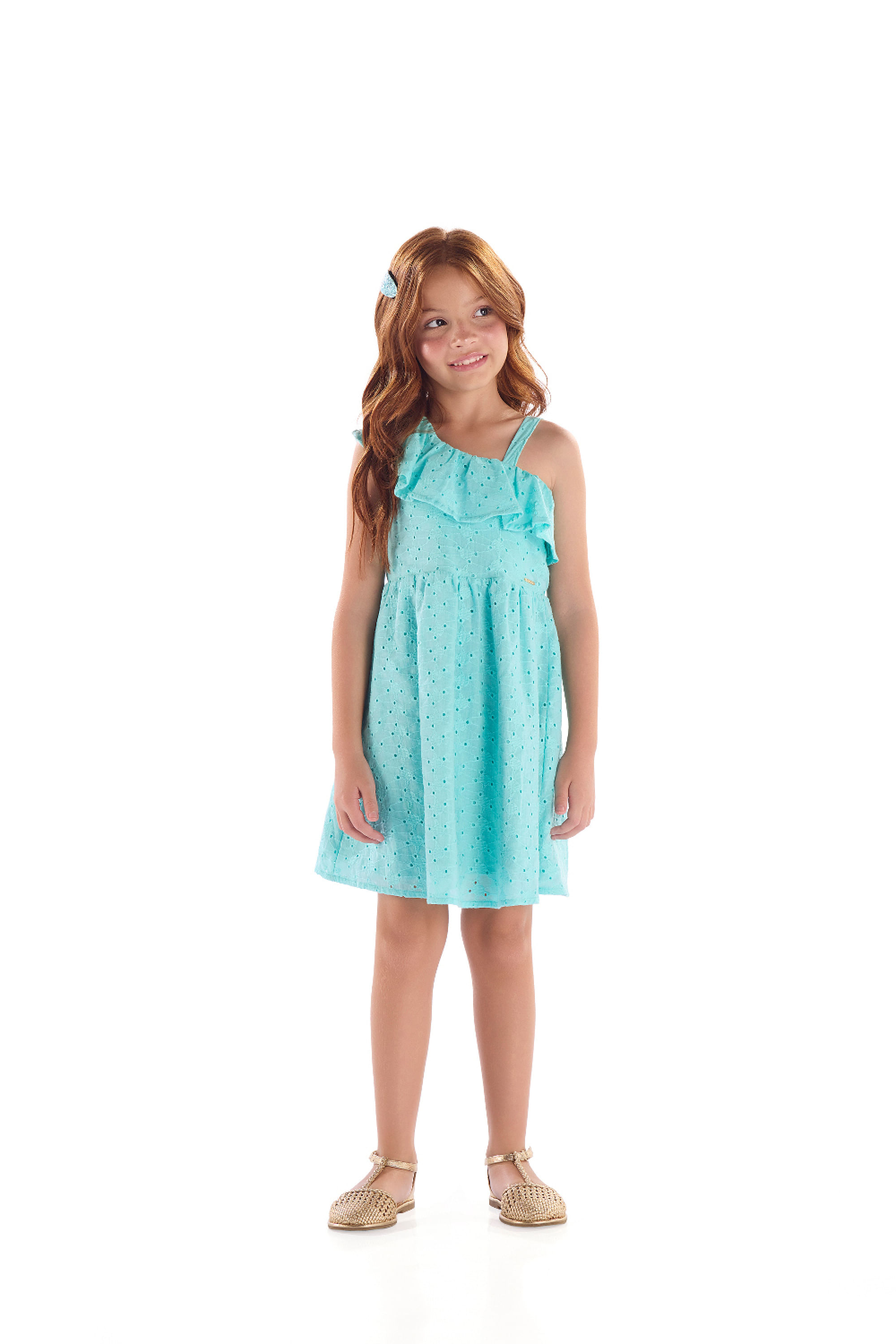 Vestido Infantil Verão em Laise com Babado (Azul Claro) Quimby