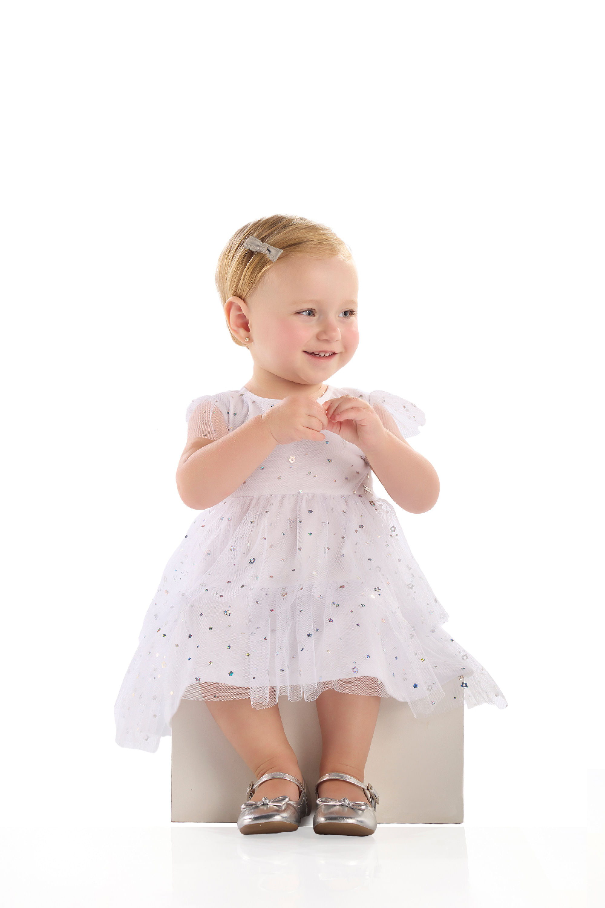 Vestido Bebê Tule com Camadas Franzidas (Branco) Quimby