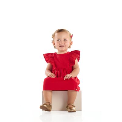 Vestido Bebê Tricoline com Babado em Laise (Vermelho) Quimby