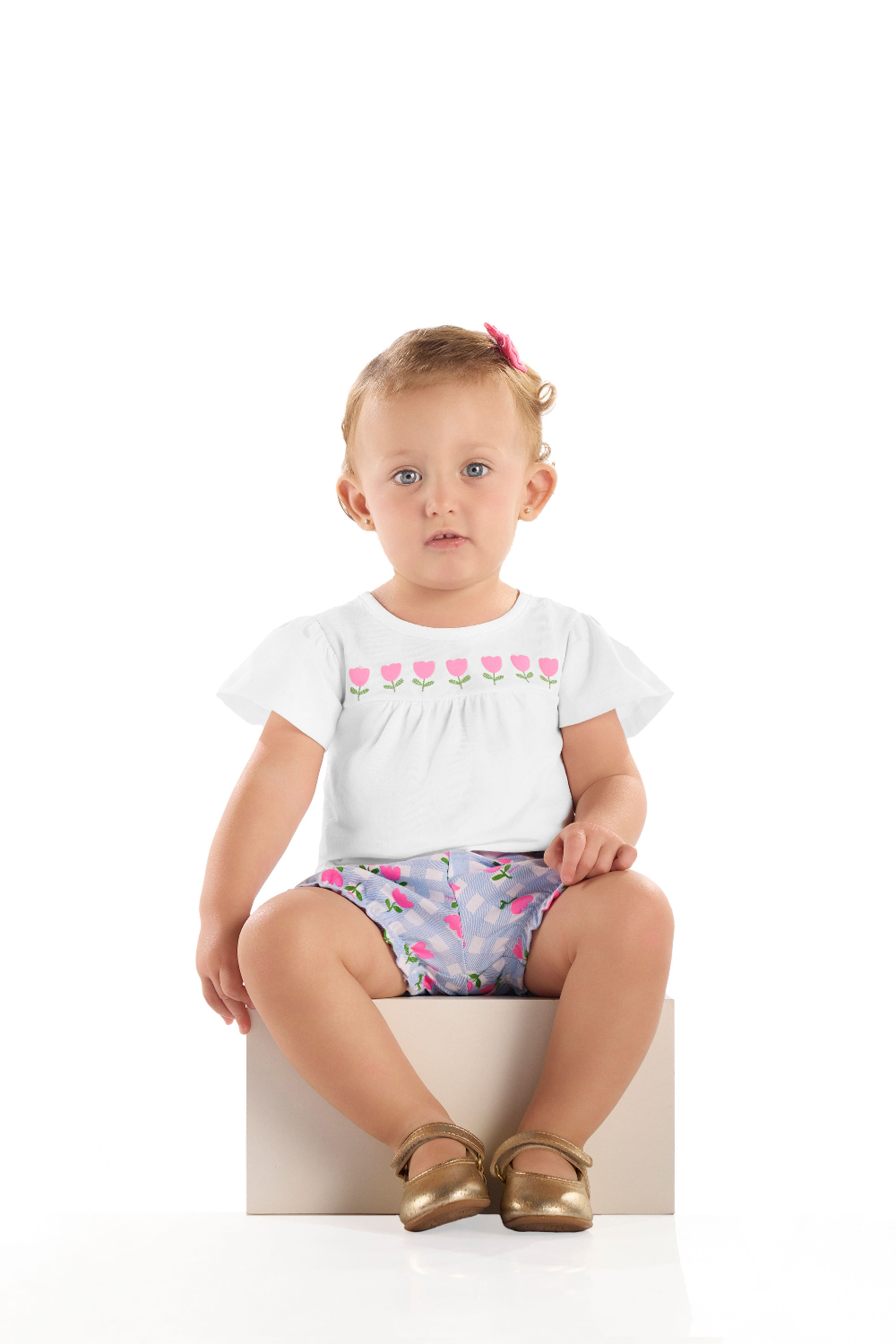 Conjunto para Bebê Blusa Franzida e Short Floral (Branco) Quimby