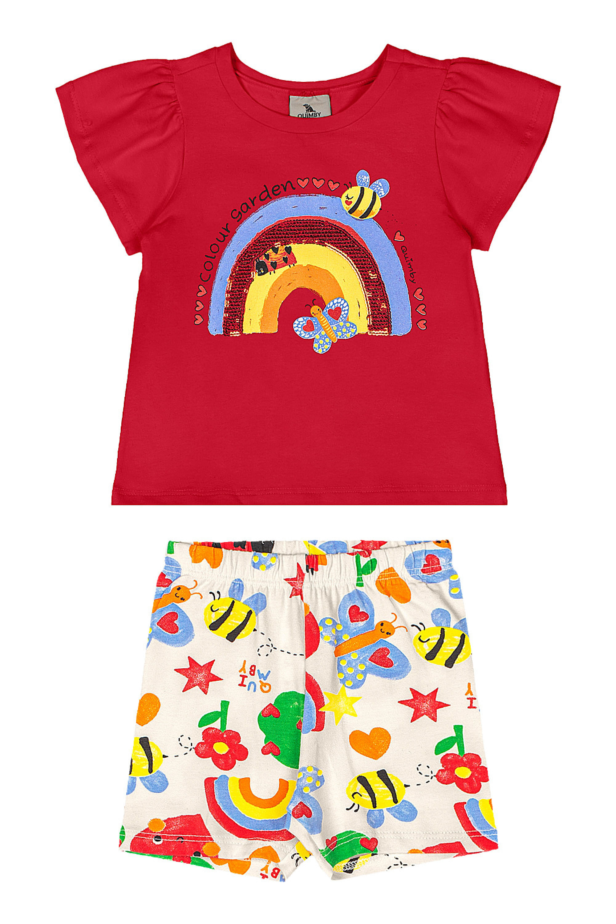 Conjunto Jardim Colorido para Bebê Menina Blusa e Bermuda (Vermelho) Quimby