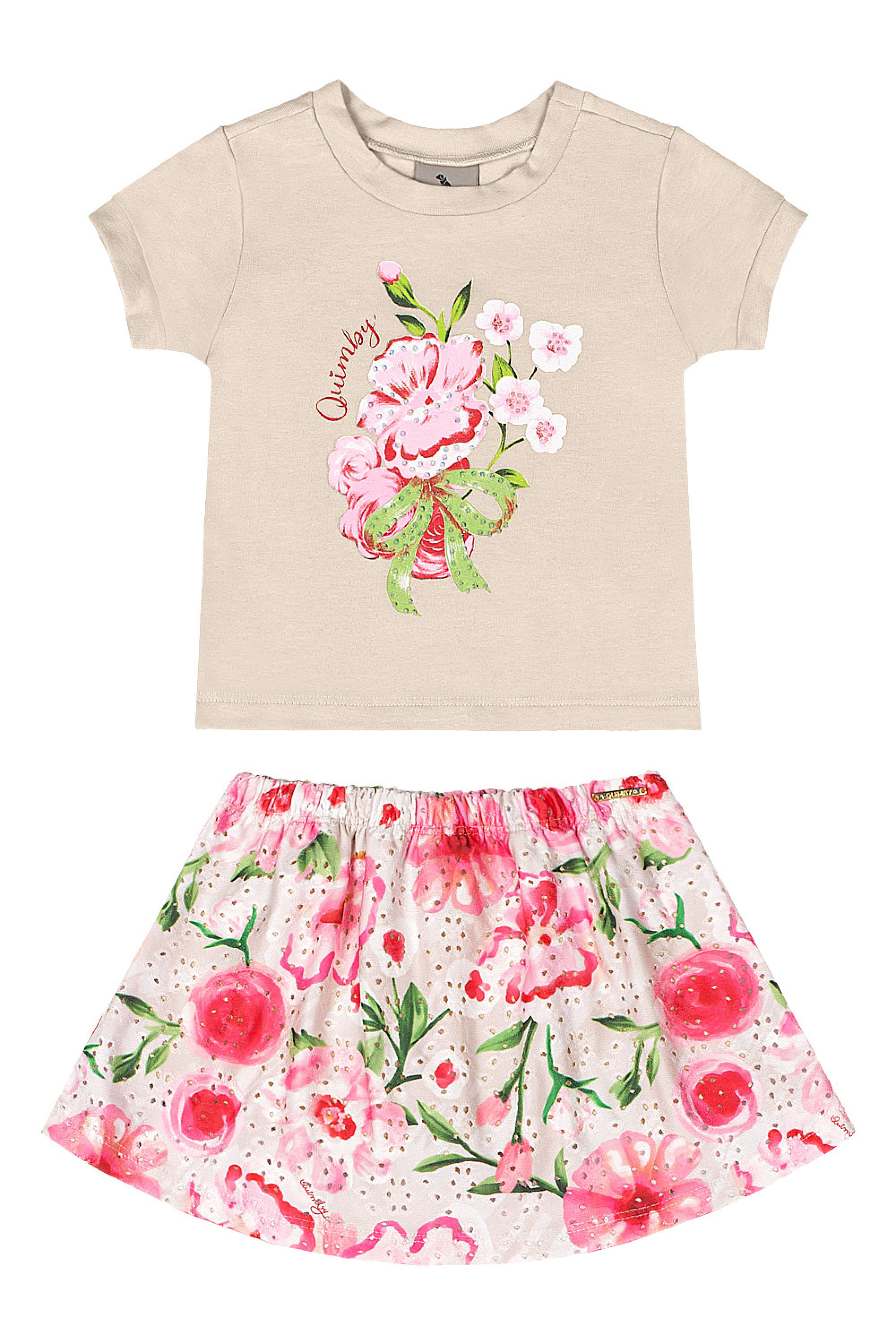 Conjunto com Blusa e Saia-Short Floral para Bebê (Bege) Quimby