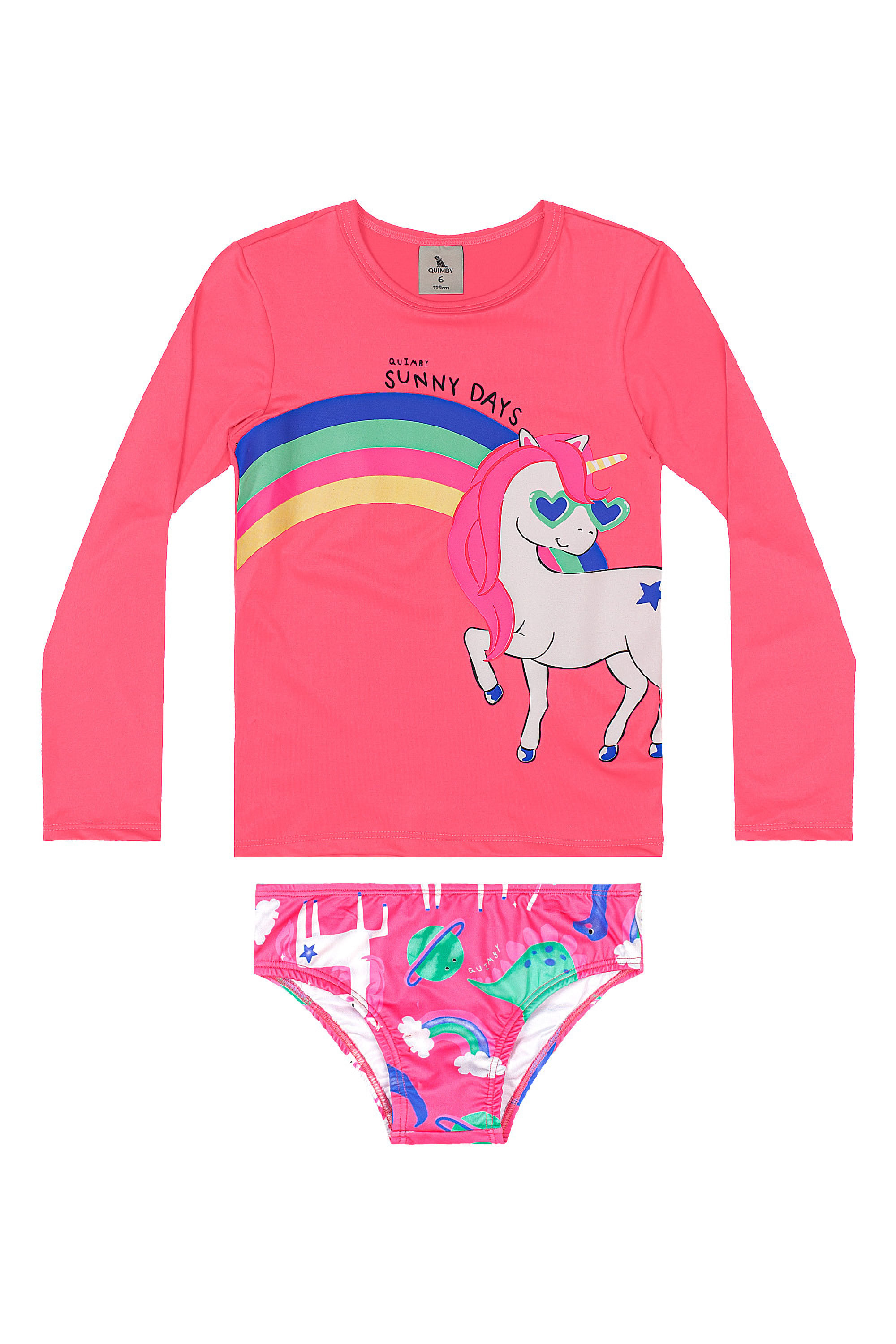 Biquíni Infantil com Blusa e Calcinha de Unicórnio (Rosa Pink Neon) Quimby - Imagem 7