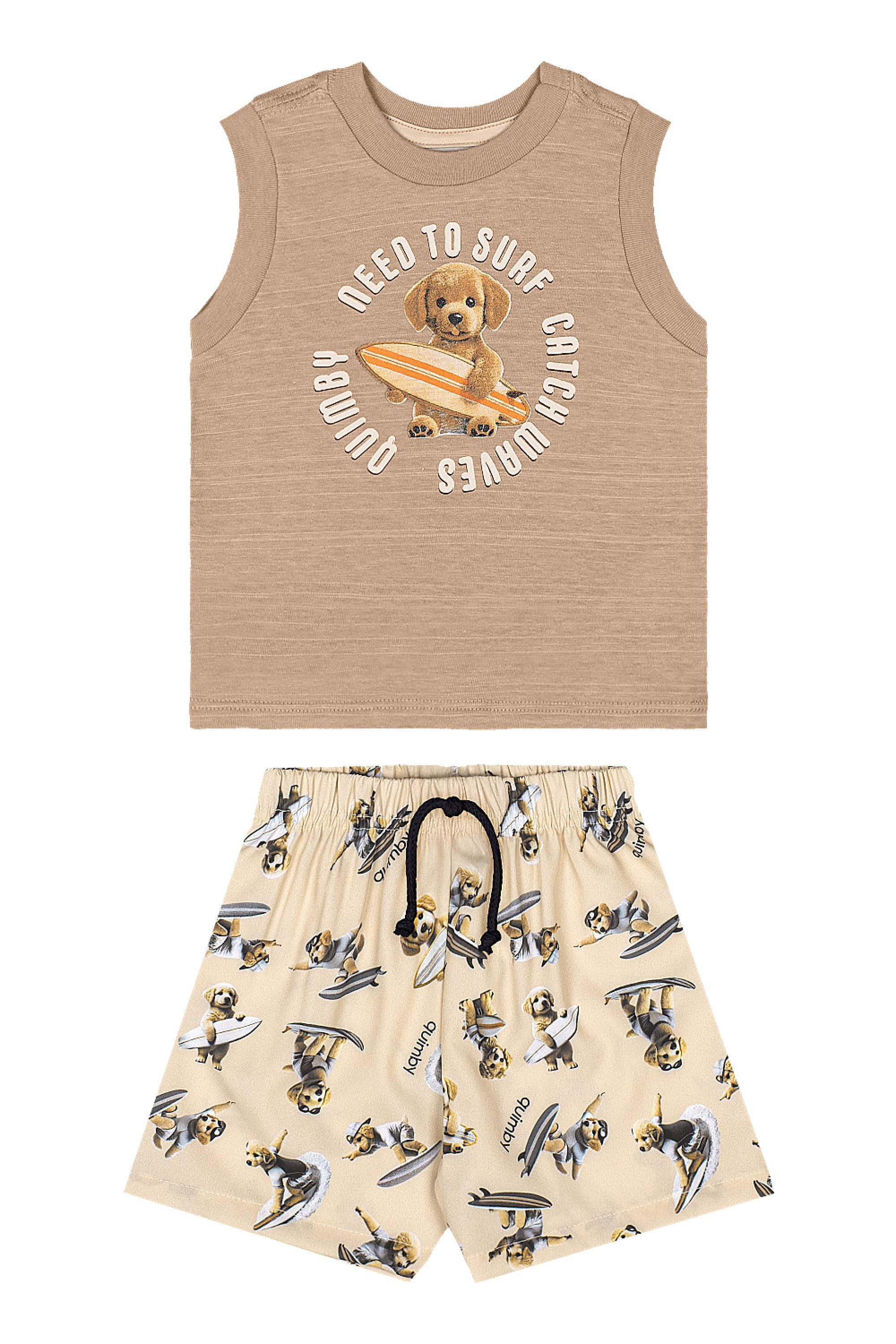 Conjunto Surf Dog para Bebê Menino com Regata e Bermuda (Marrom) Quimby