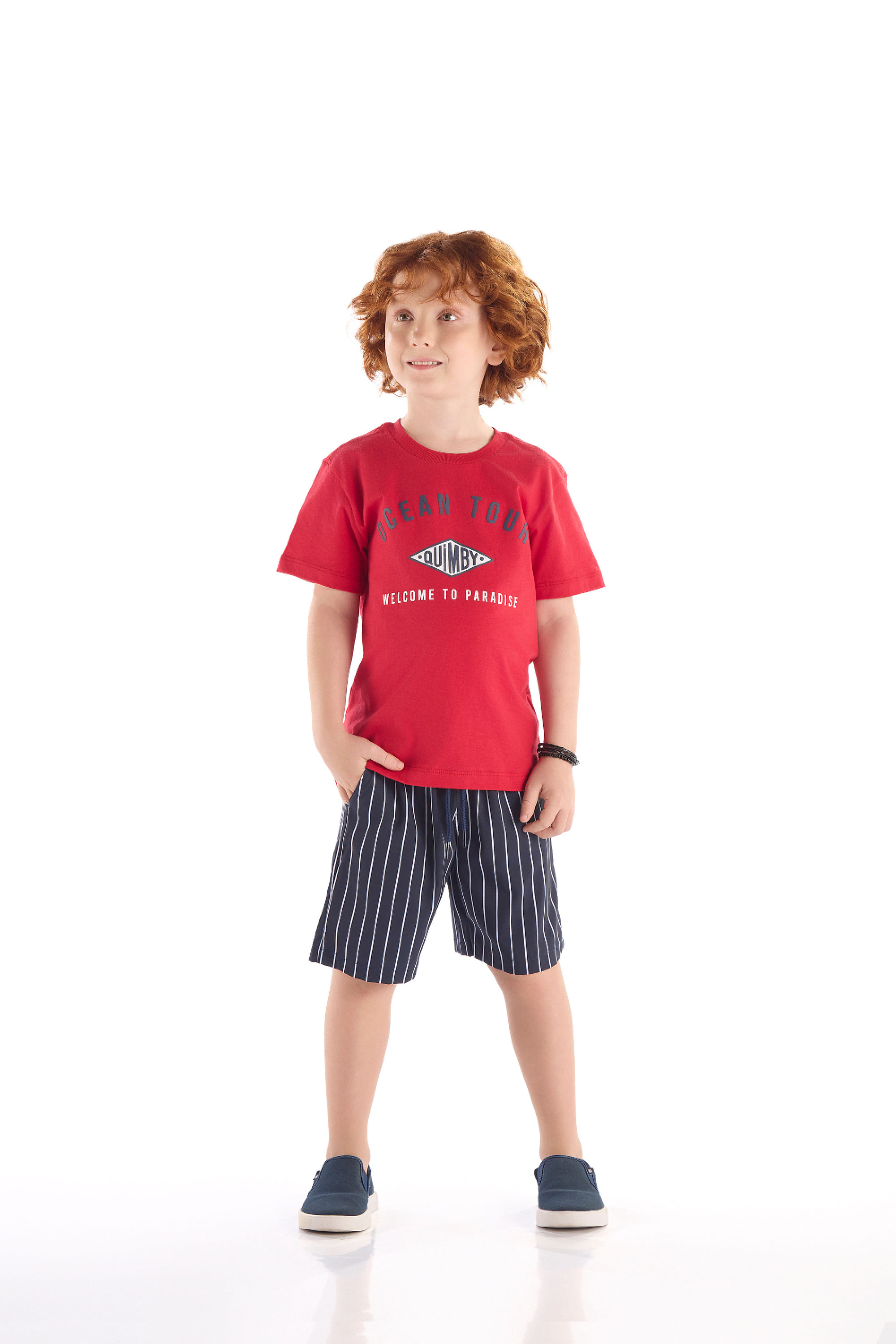 Conjunto Infantil com Camiseta e Bermuda Listrada (Vermelho) Quimby - Imagem 13