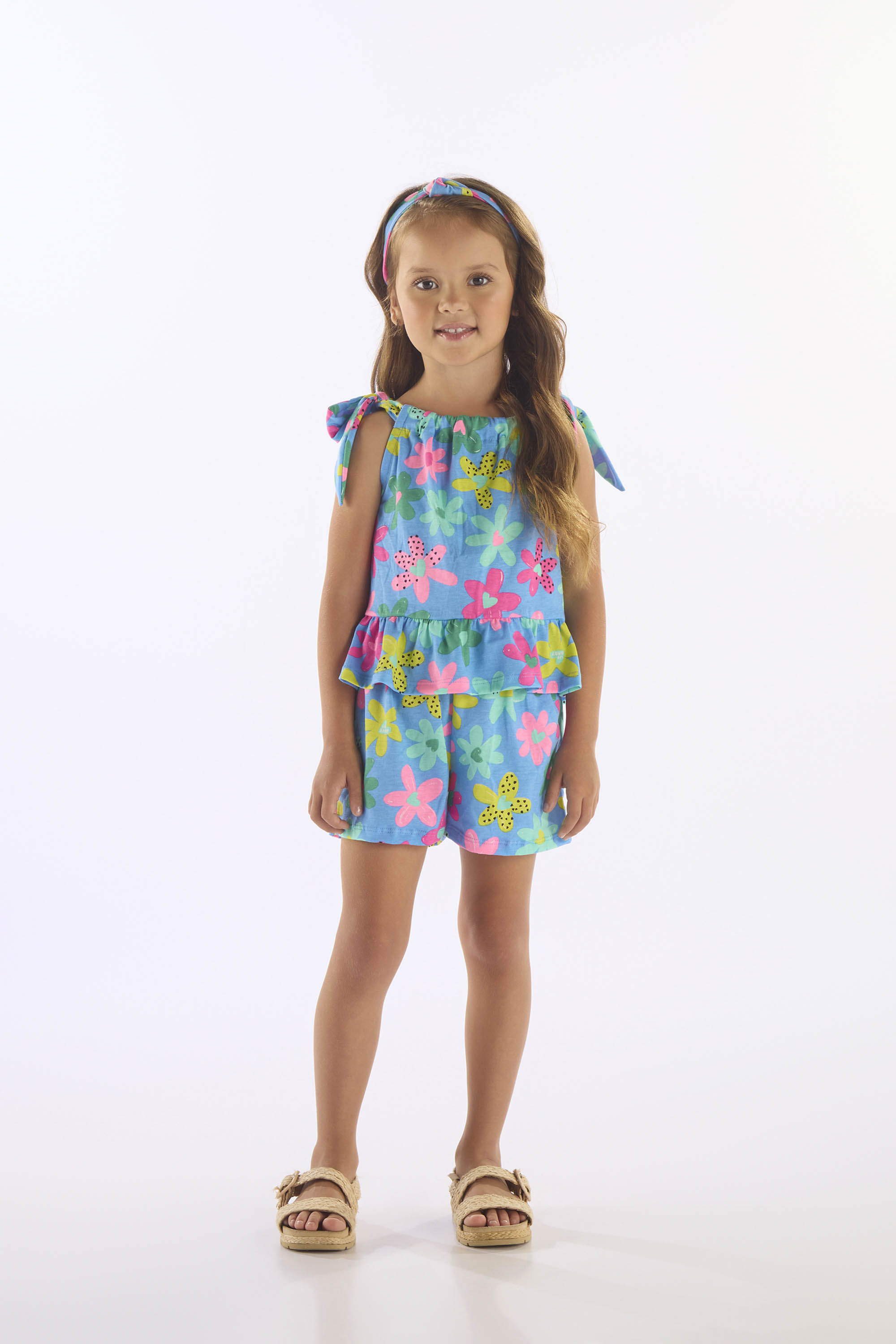 Conjunto Infantil Bata e Short Algodão Floral (Azul) Up Baby - Imagem 19