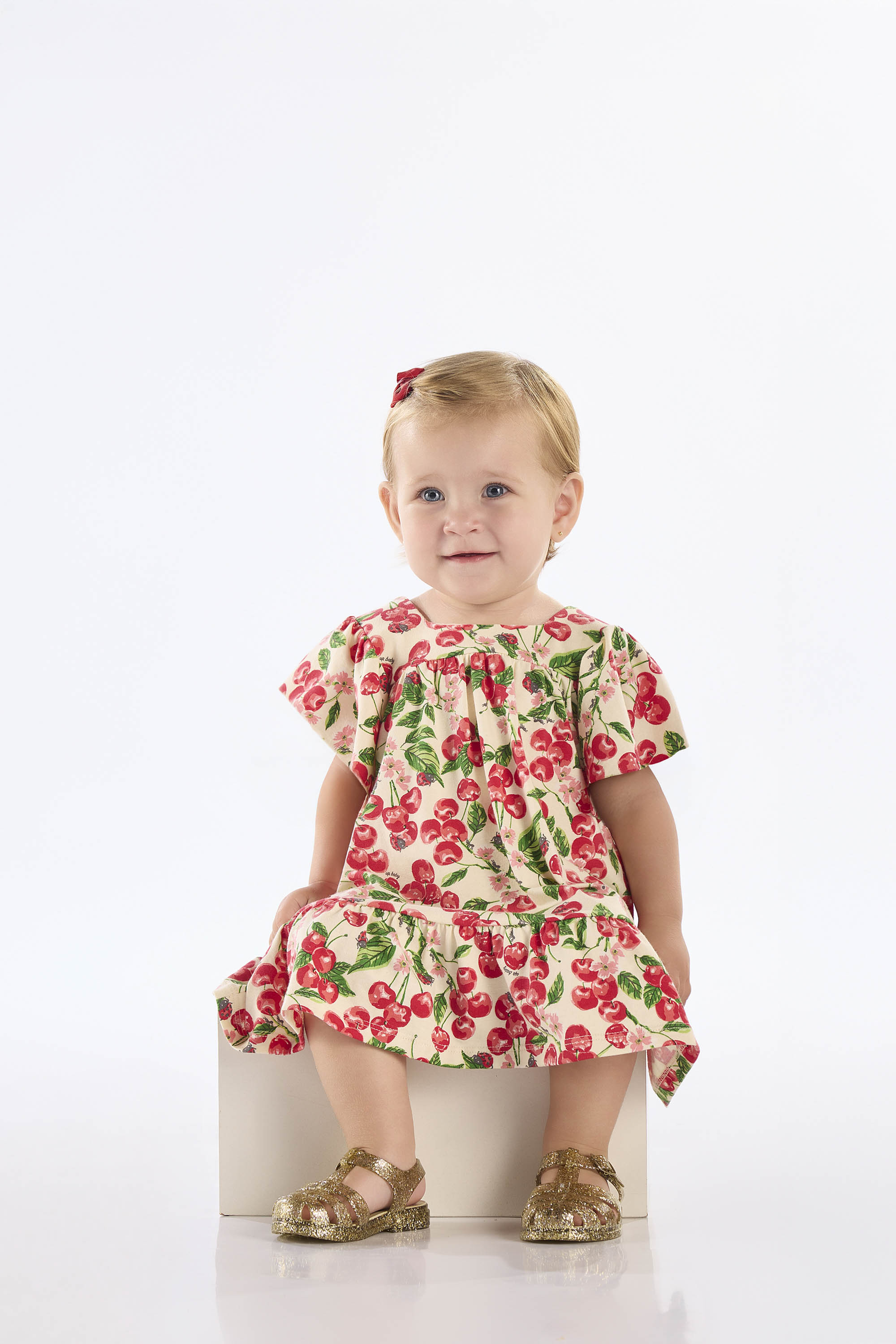 Vestido para Bebê em Cotton Cereja Manga Evasê (Bege) Up Baby