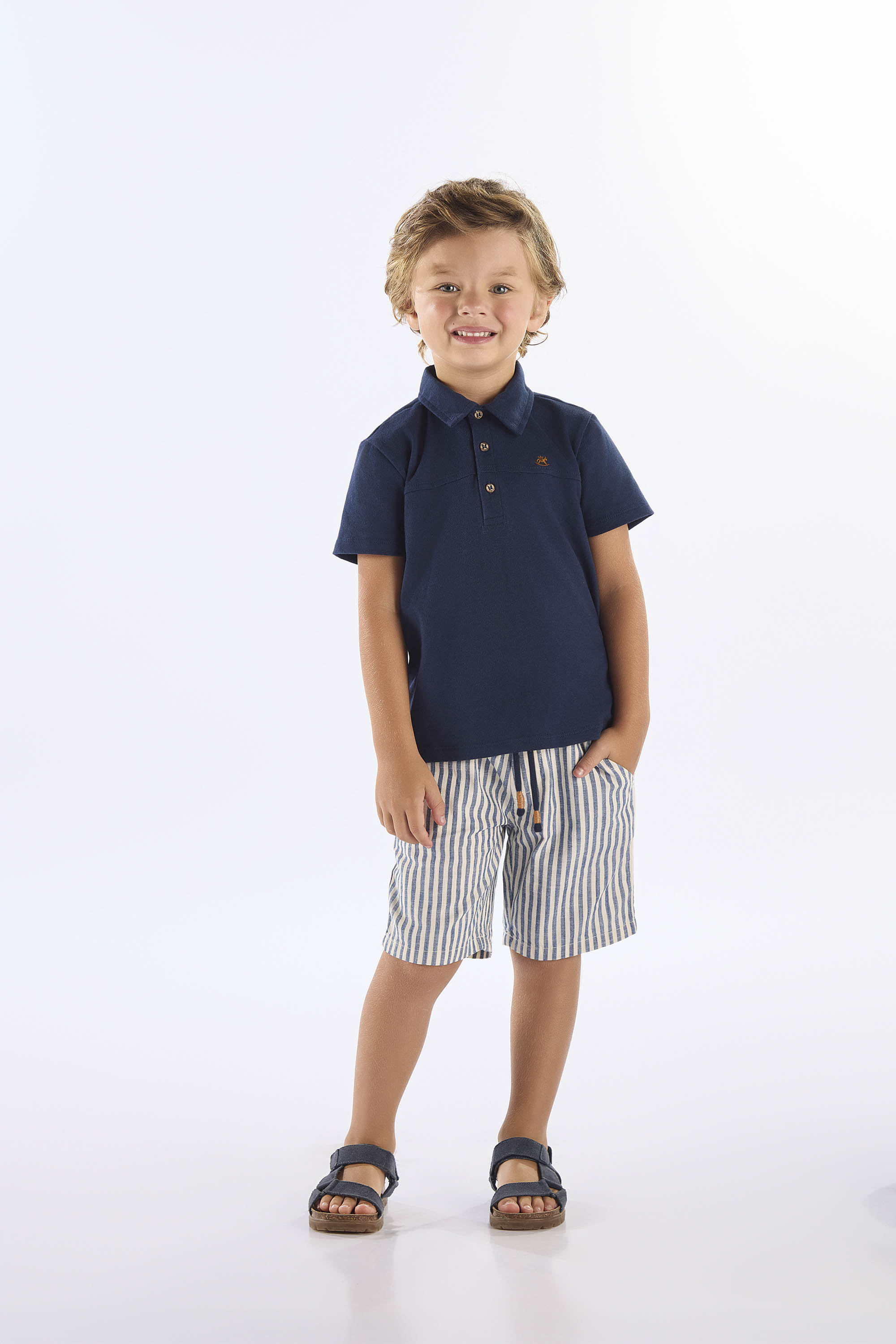 Conjunto Infantil com Camisa Polo e Bermuda Listrada (Azul Marinho) Up Baby
