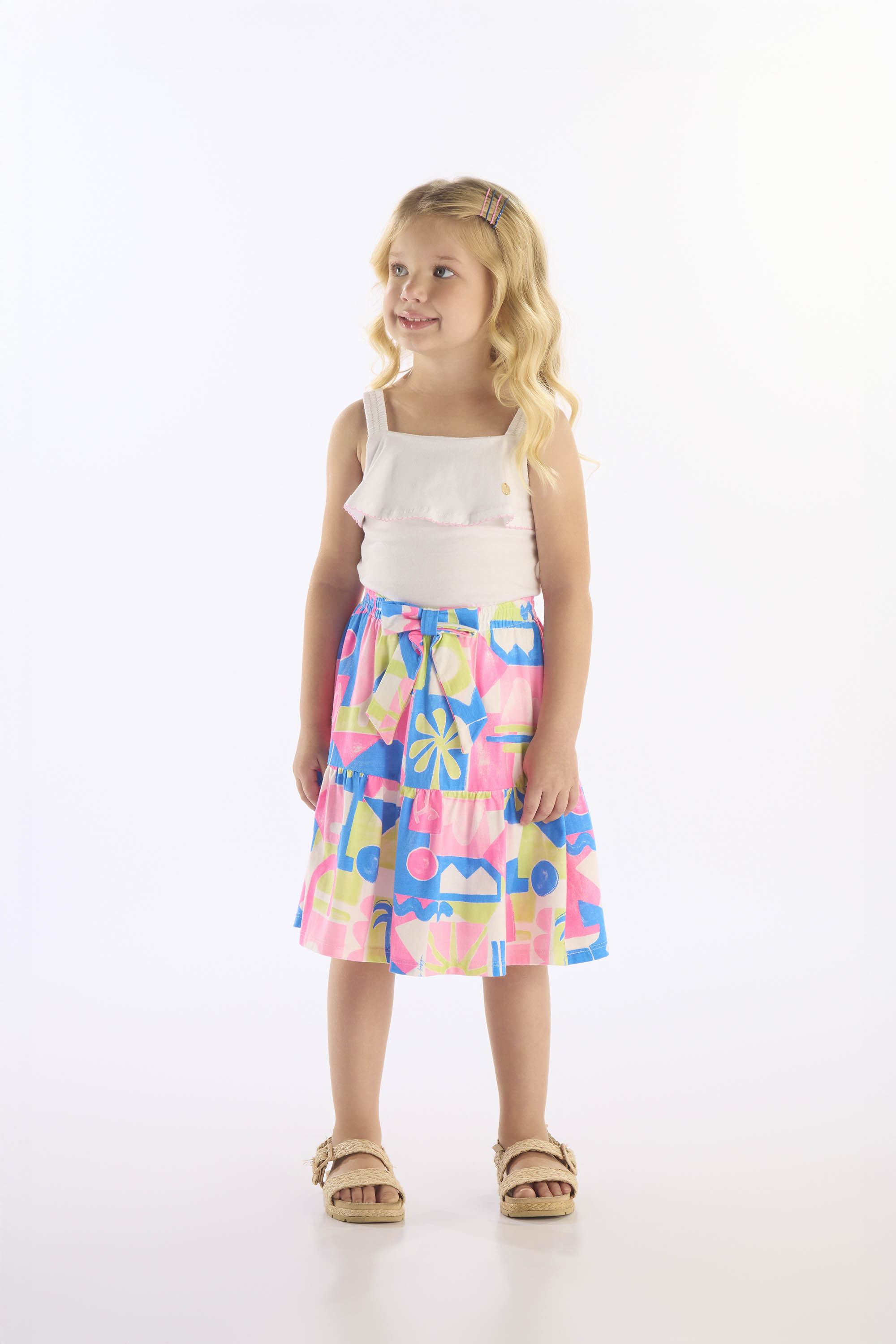 Conjunto Infantil com Blusa e Saia Midi em Algodão (Branco) Up Baby