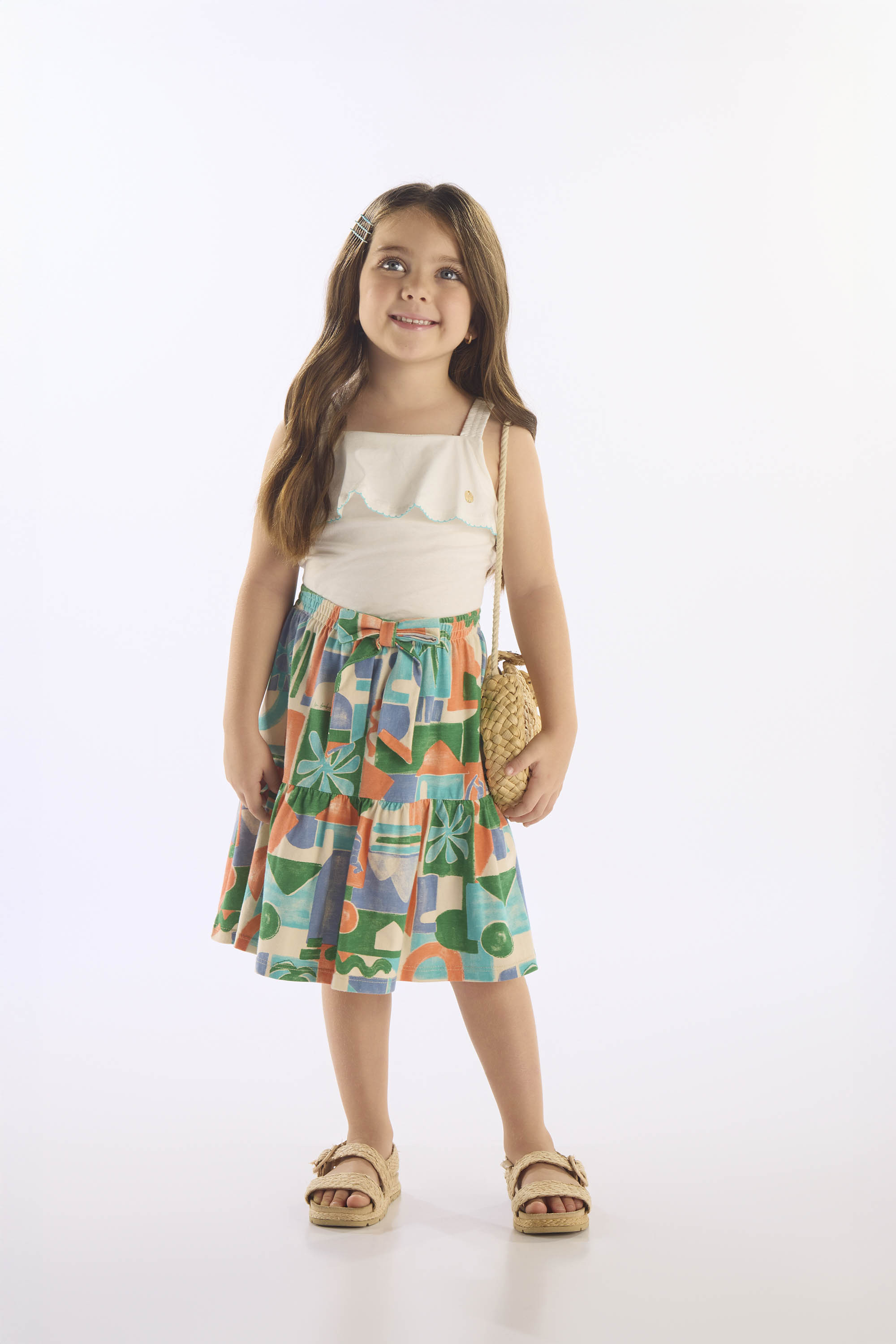 Conjunto Infantil com Blusa e Saia Midi em Algodão (Off White) Up Baby