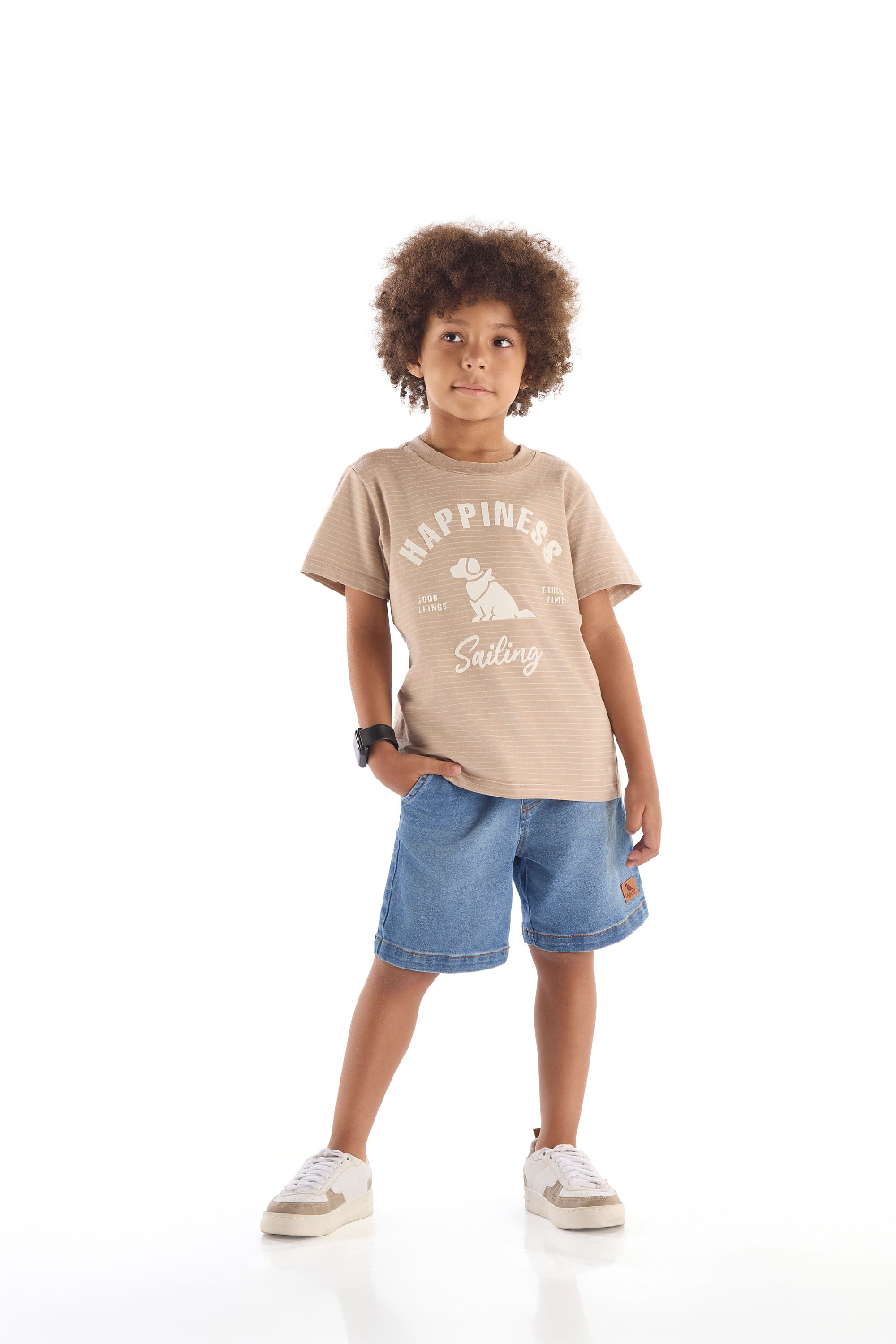 Camiseta Listrada Infantil Menino com Estampa 3D (Marrom) Quimby - Imagem 16