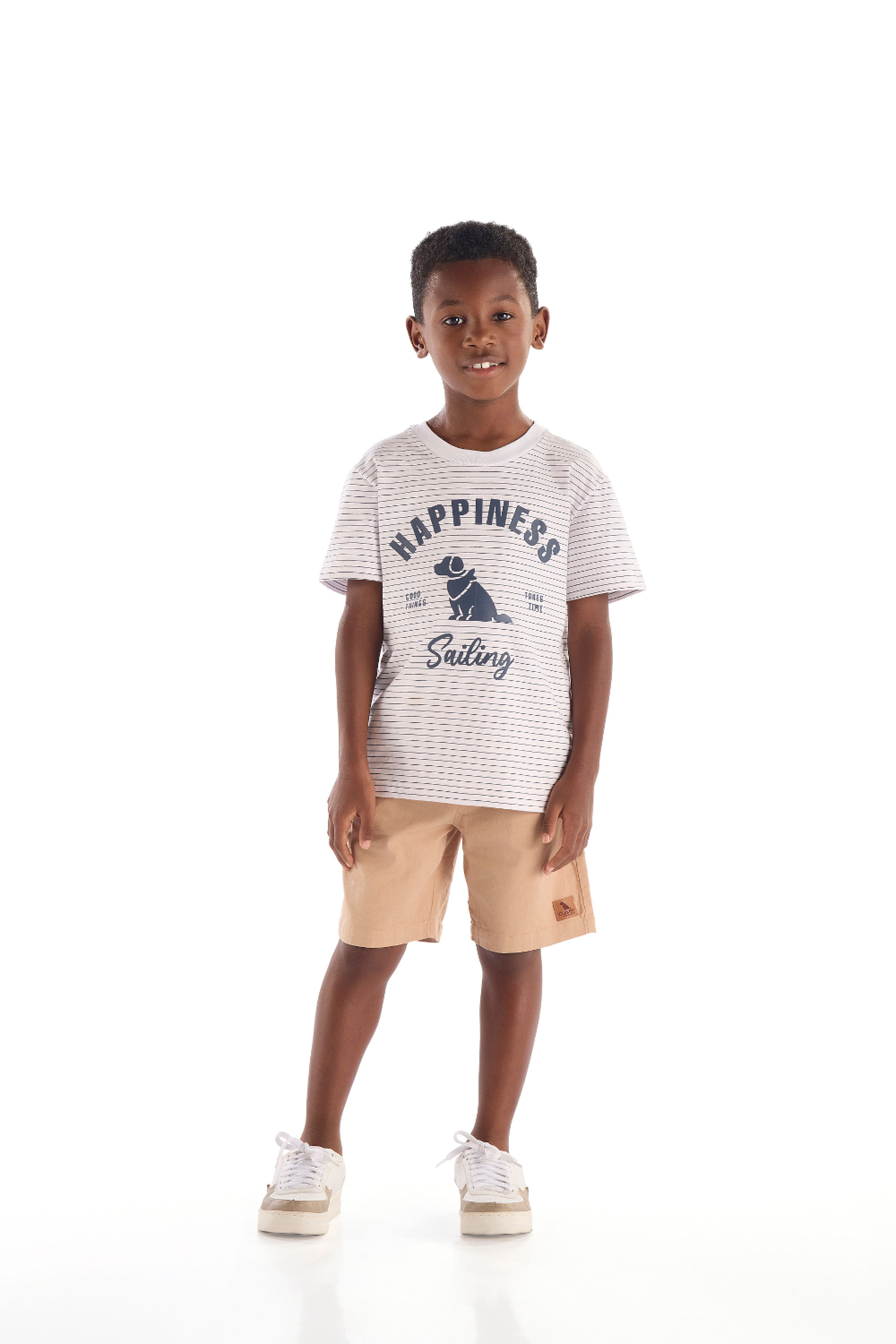 Camiseta Listrada Infantil Menino com Estampa 3D (Branco) Quimby