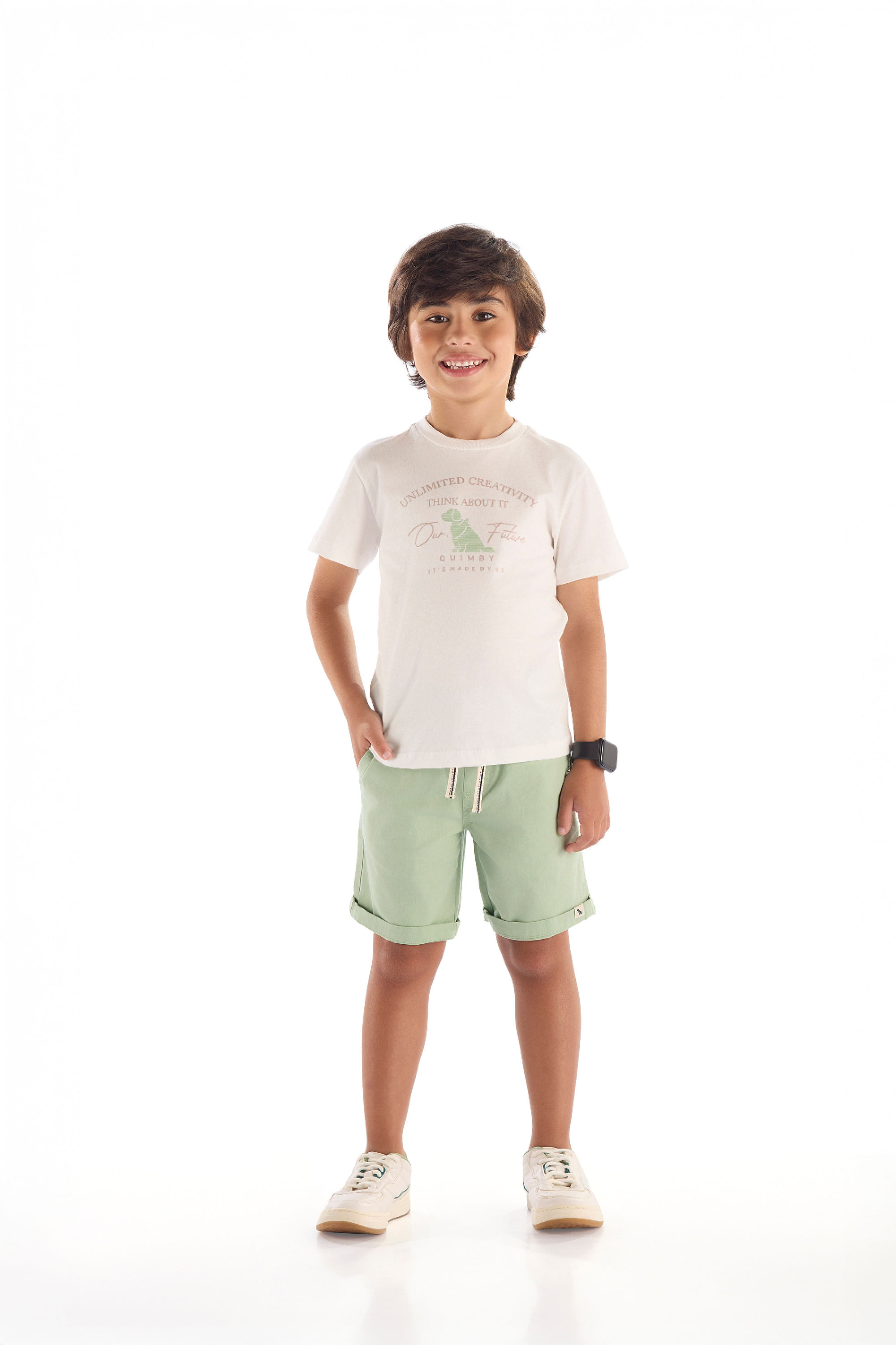 Conjunto Infantil Camiseta e Bermuda Ajustável (Off White) Quimby - Imagem 25