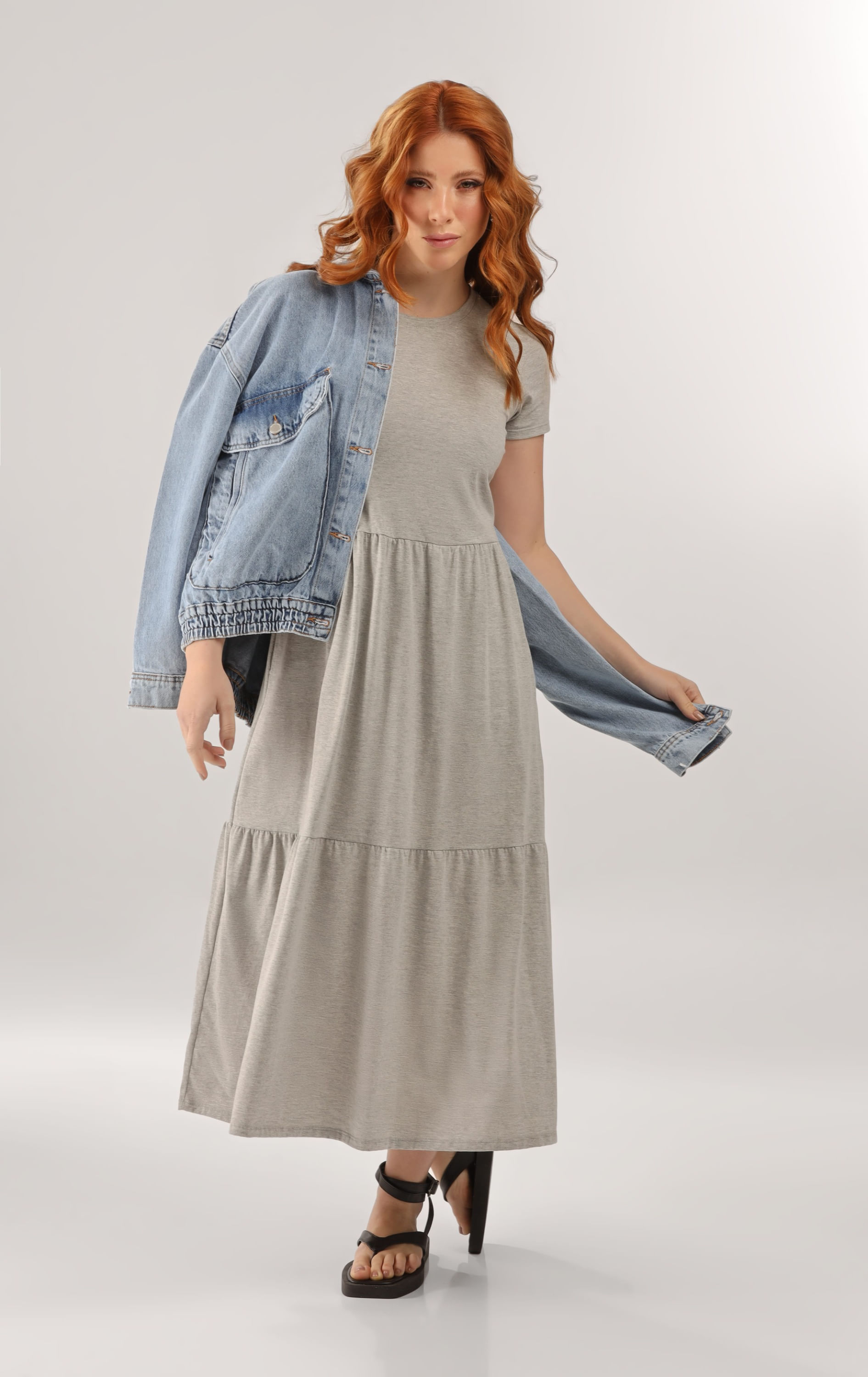 Vestido Marias Longo em Algodão (Cinza) Just Basic