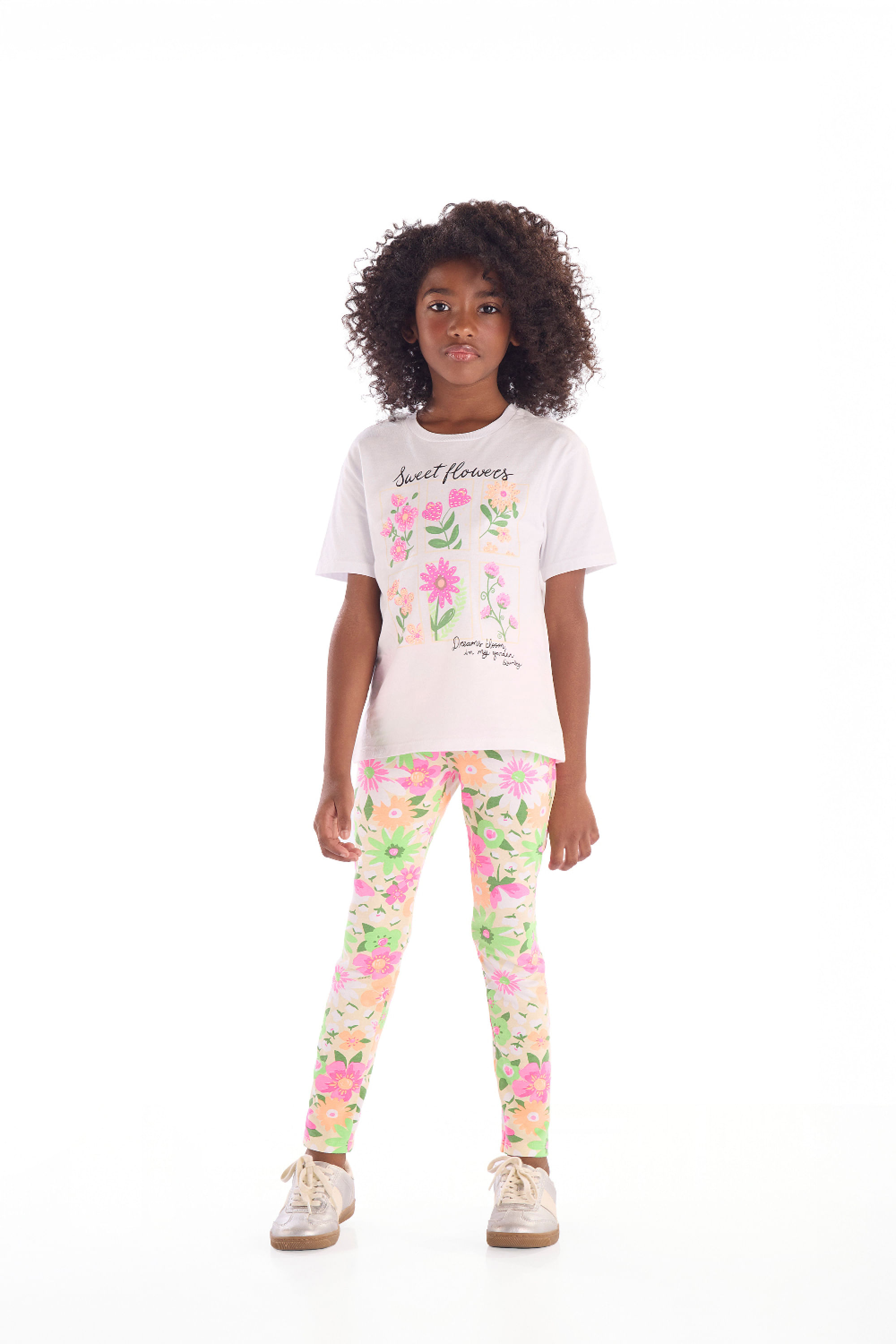 Conjunto Infantil Blusa com Strass e Calça Legging Floral (Branco) Quimby