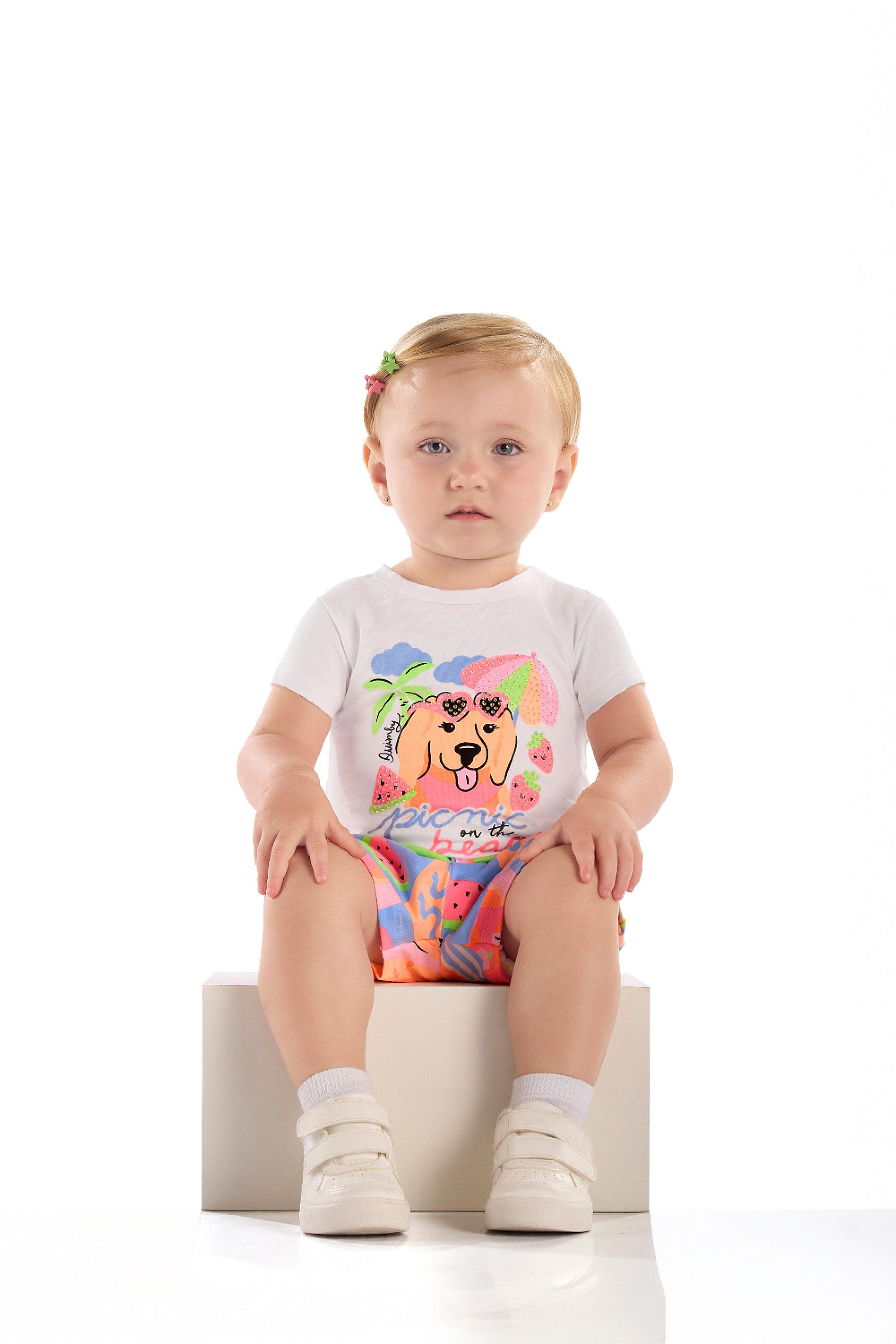 Conjunto Bebê Menina Blusa com Strass e Short Estampado (Branco) Quimby - Imagem 7