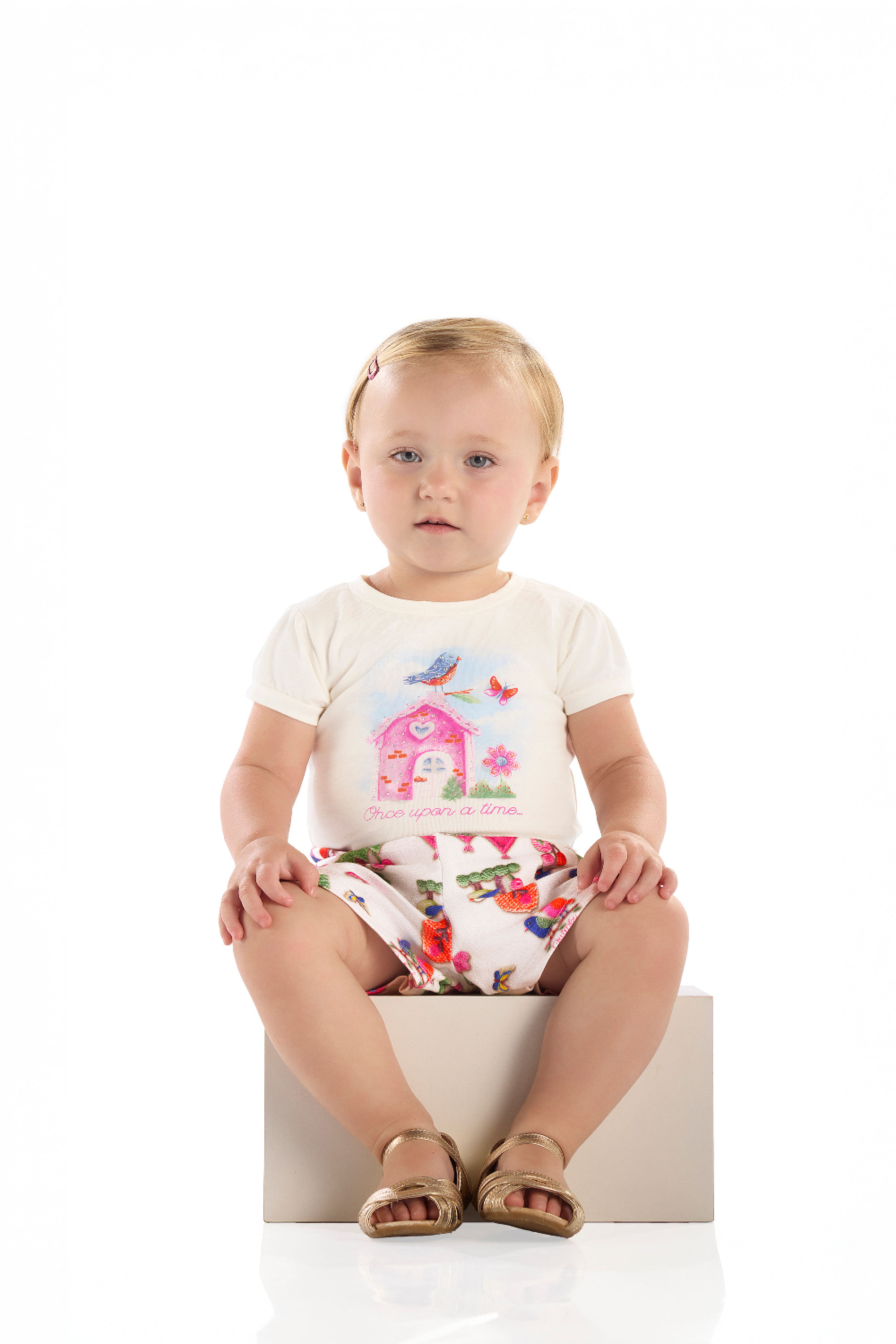 Conjunto Bebê Menina Blusa com Strass e Short Estampado (Off White) Quimby