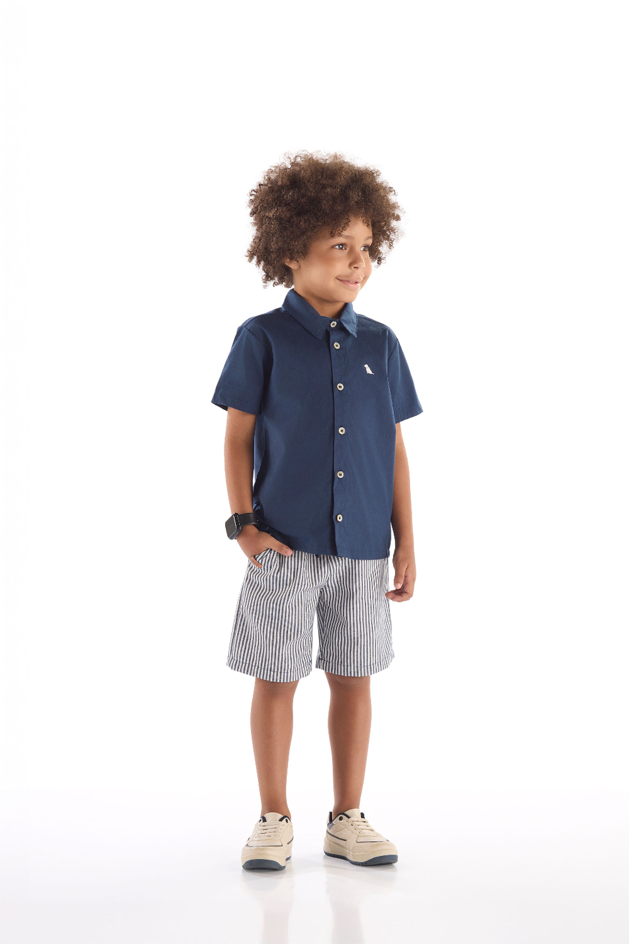 Conjunto Infantil Camisa Social em Tricoline e Bermuda (Azul Marinho) Quimby - Imagem 19