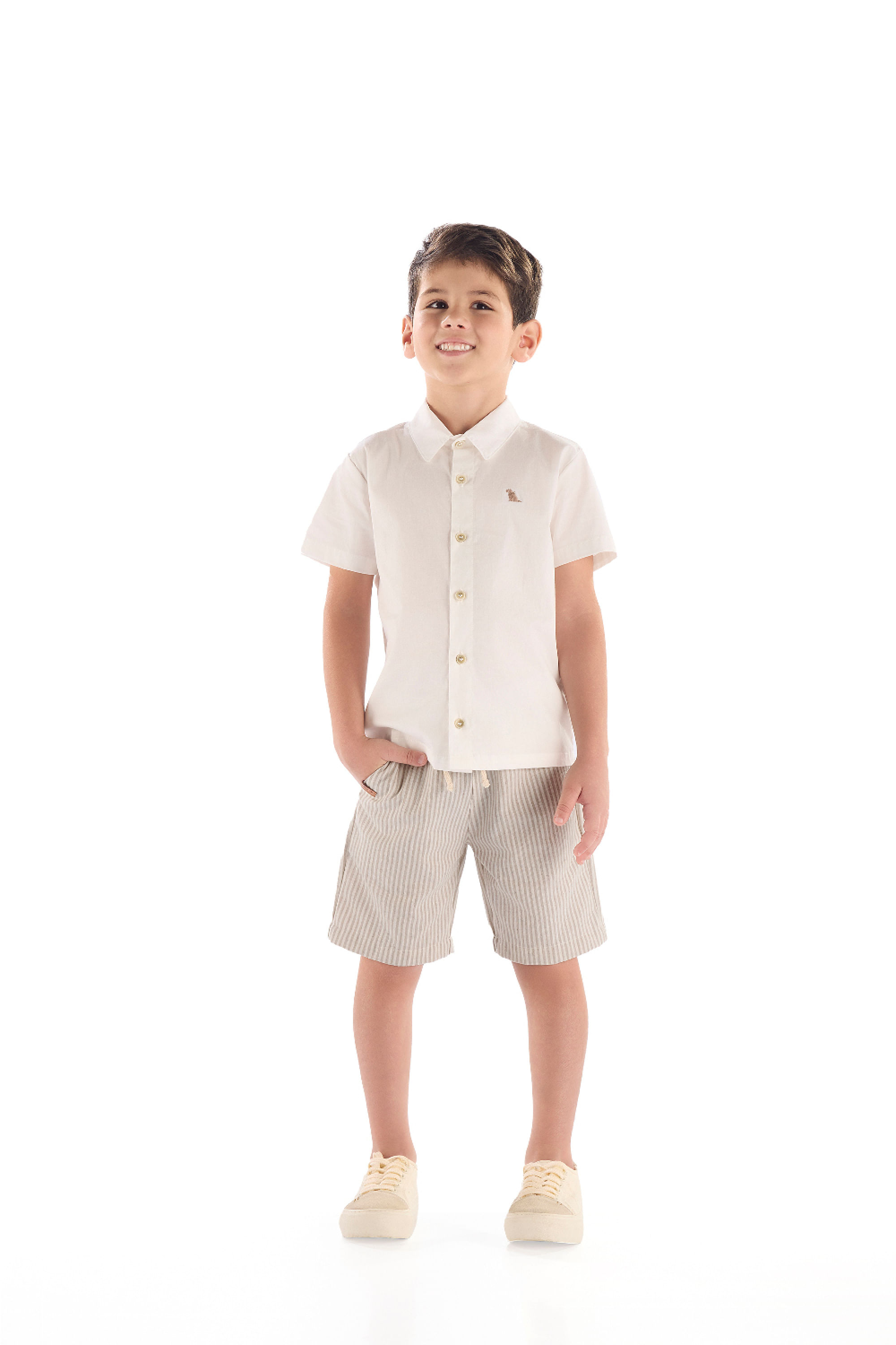 Conjunto Infantil Camisa Social em Tricoline e Bermuda (Off White) Quimby - Imagem 7