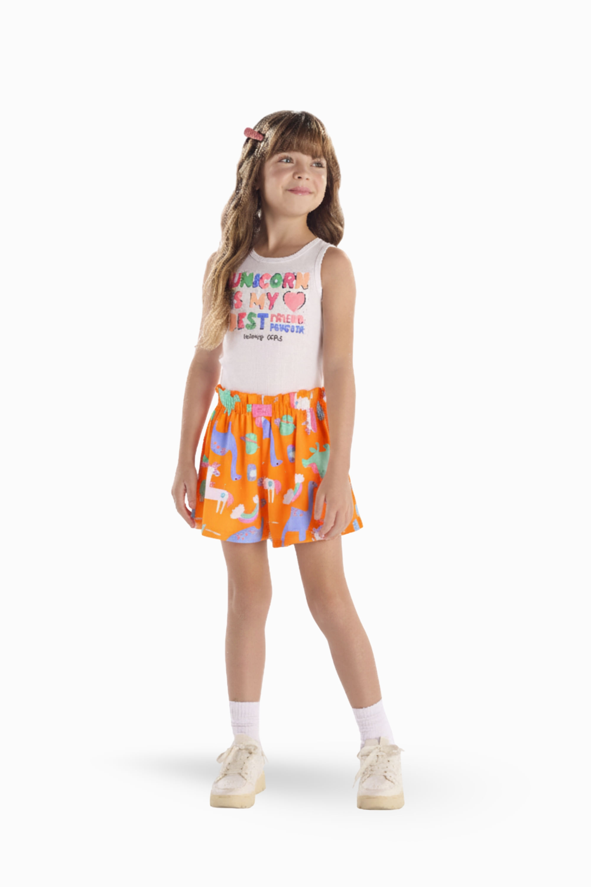 Conjunto Infantil Feminino com Blusa em Ribana e Short (Branco) Quimby