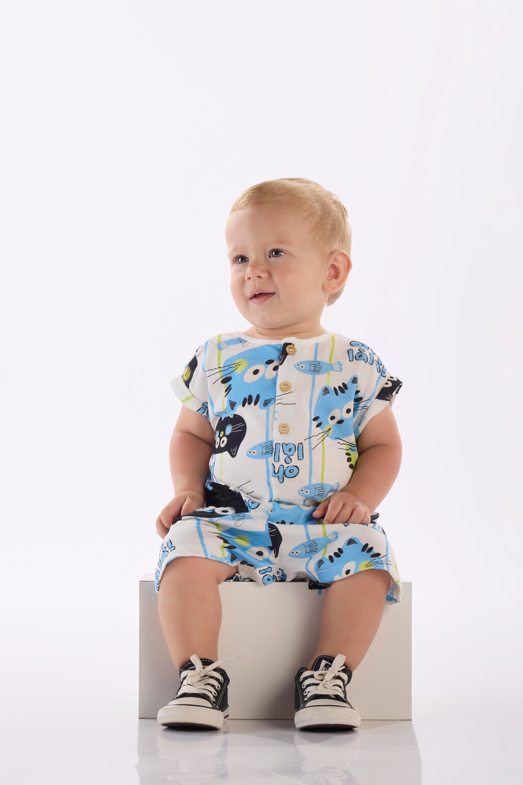 Macaquinho para Bebê Menino em Algodão Gatos (Branco) Três e Já