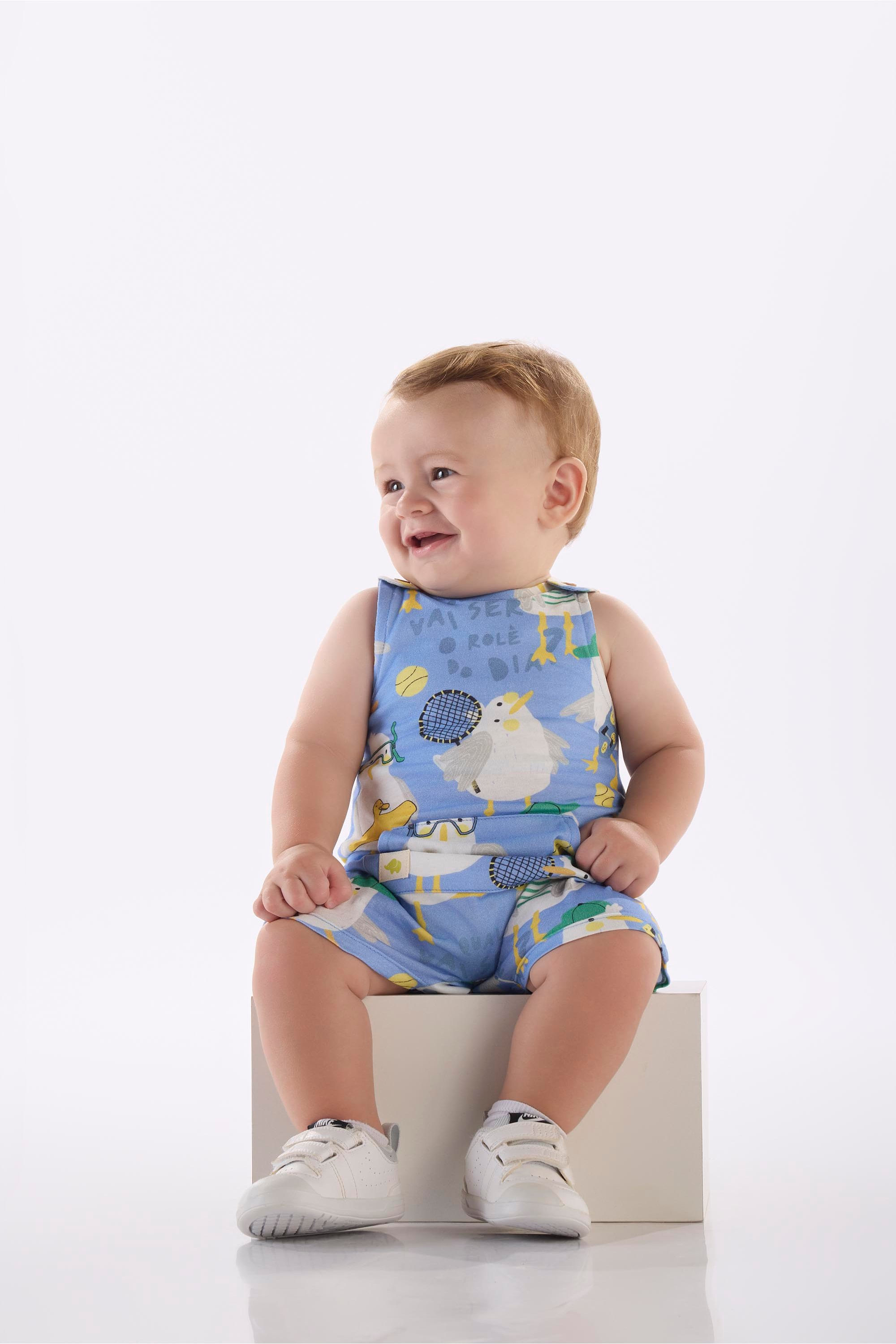 Macaquinho Ninhada para Bebê Menino em Algodão (Azul Claro) Três e Já