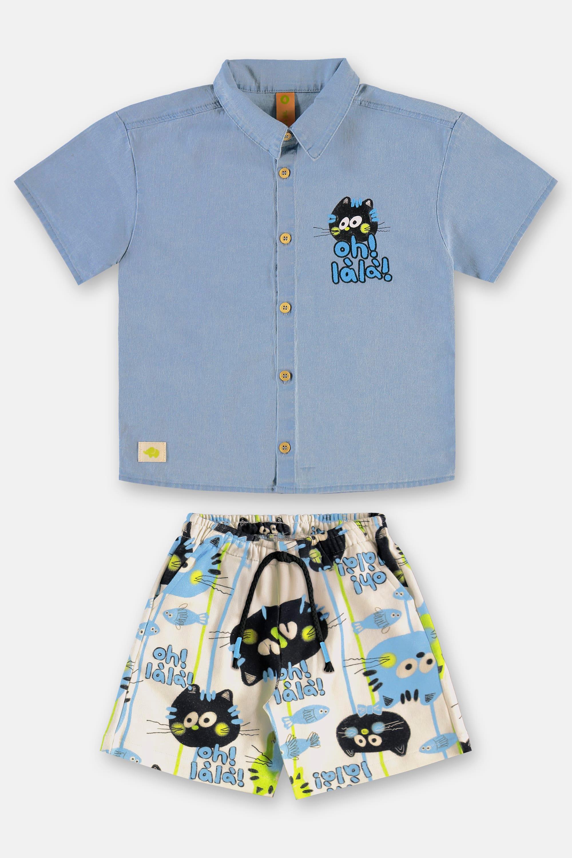 Conjunto Gatos Infantil Masculino com Camisa e Bermuda (Azul Claro) Três e Já - Imagem 18