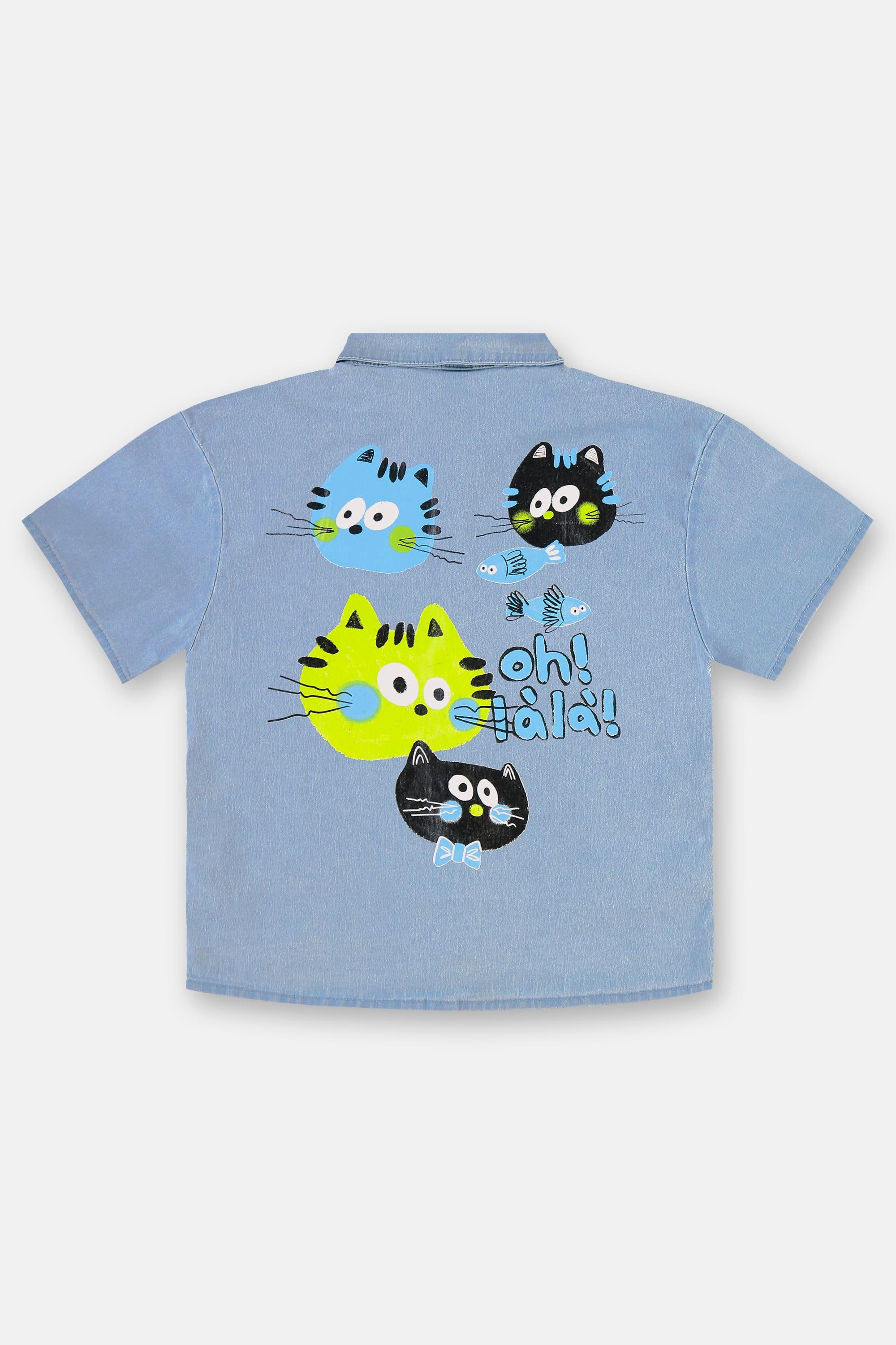 Conjunto Gatos Infantil Masculino com Camisa e Bermuda (Azul Claro) Três e Já - Imagem 23