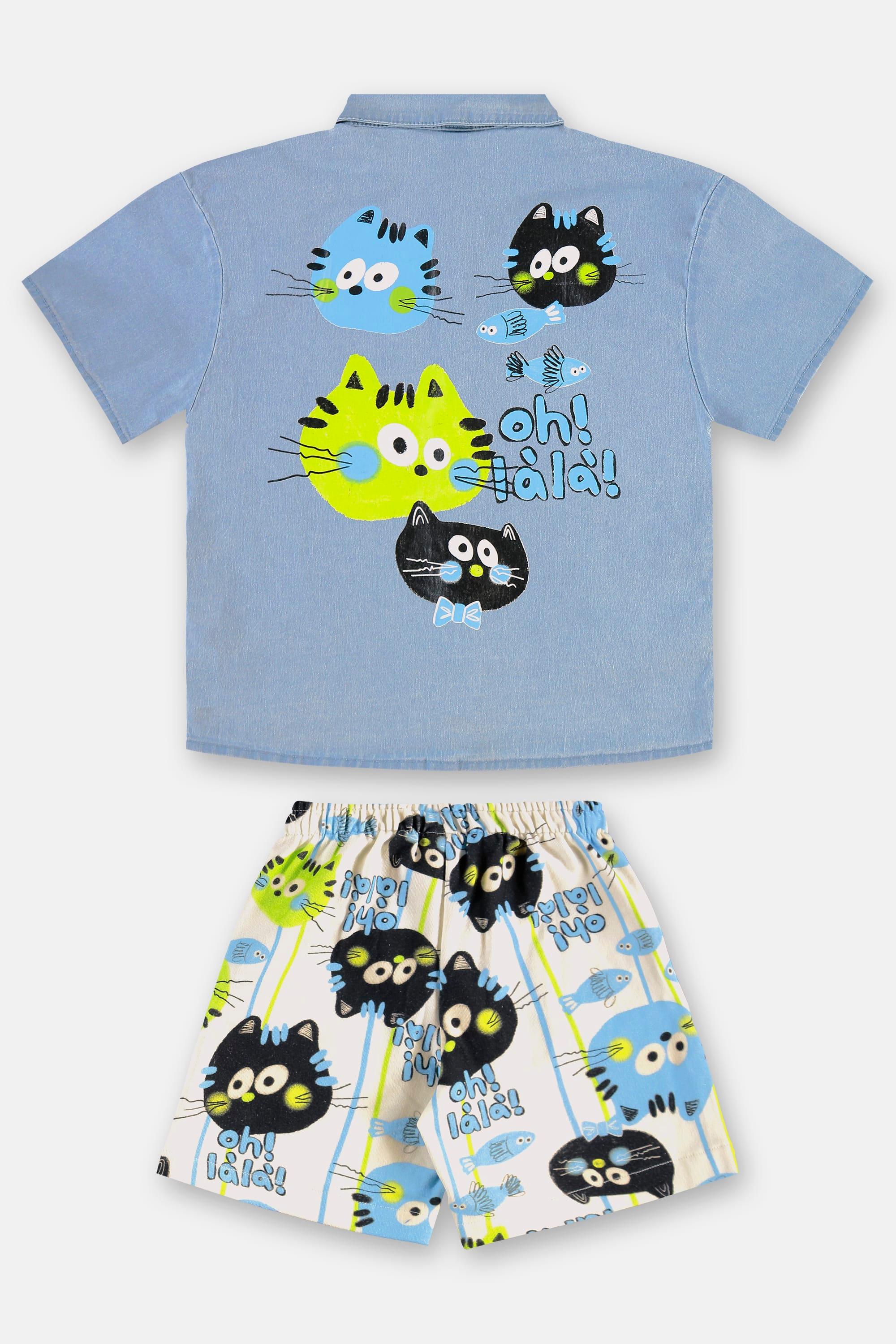 Conjunto Gatos Infantil Masculino com Camisa e Bermuda (Azul Claro) Três e Já - Imagem 46