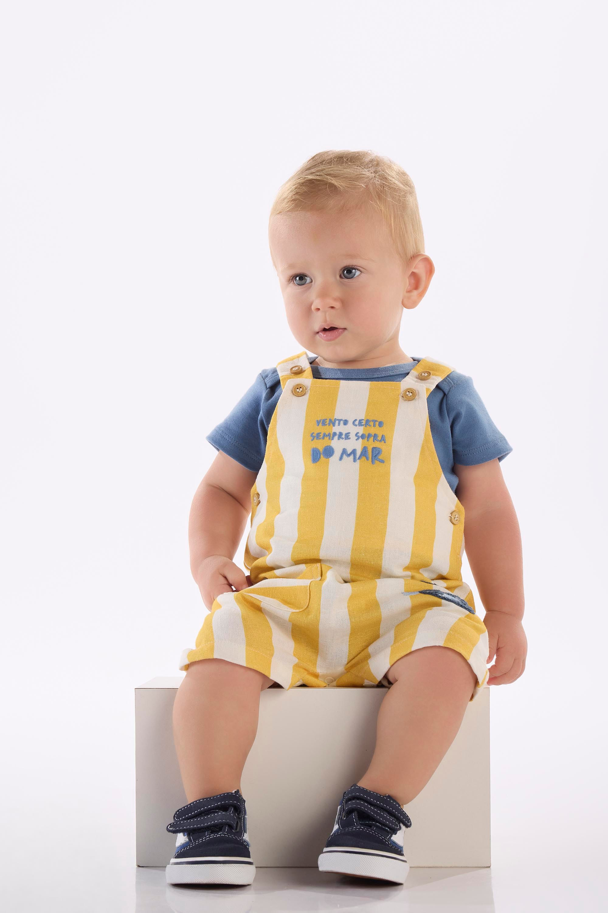 Conjunto Solar para Bebê com Body e Jardineira (Azul) Três e Já