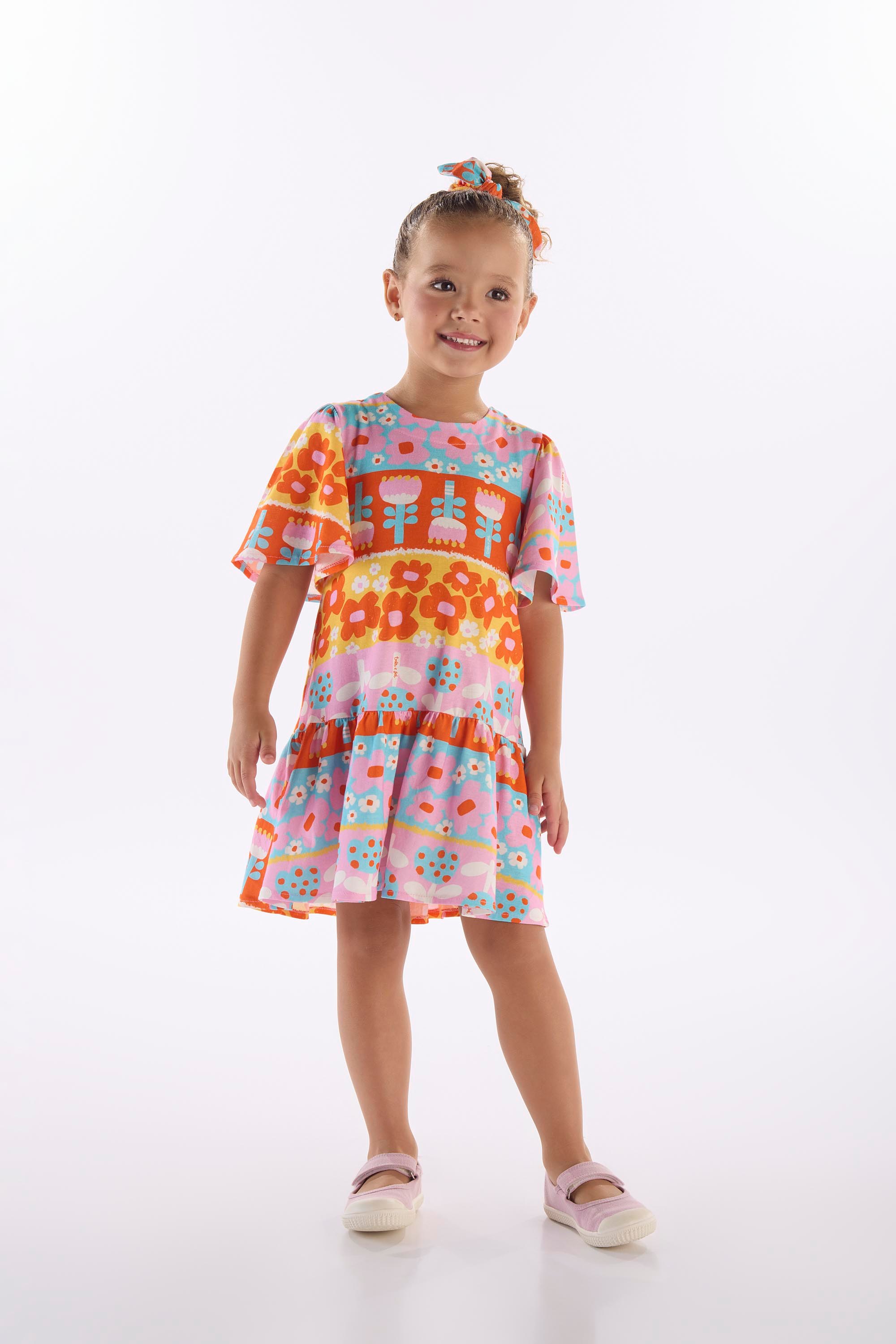 Vestido Infantil Flores em Algodão com Viscose (Azul) Três e Já