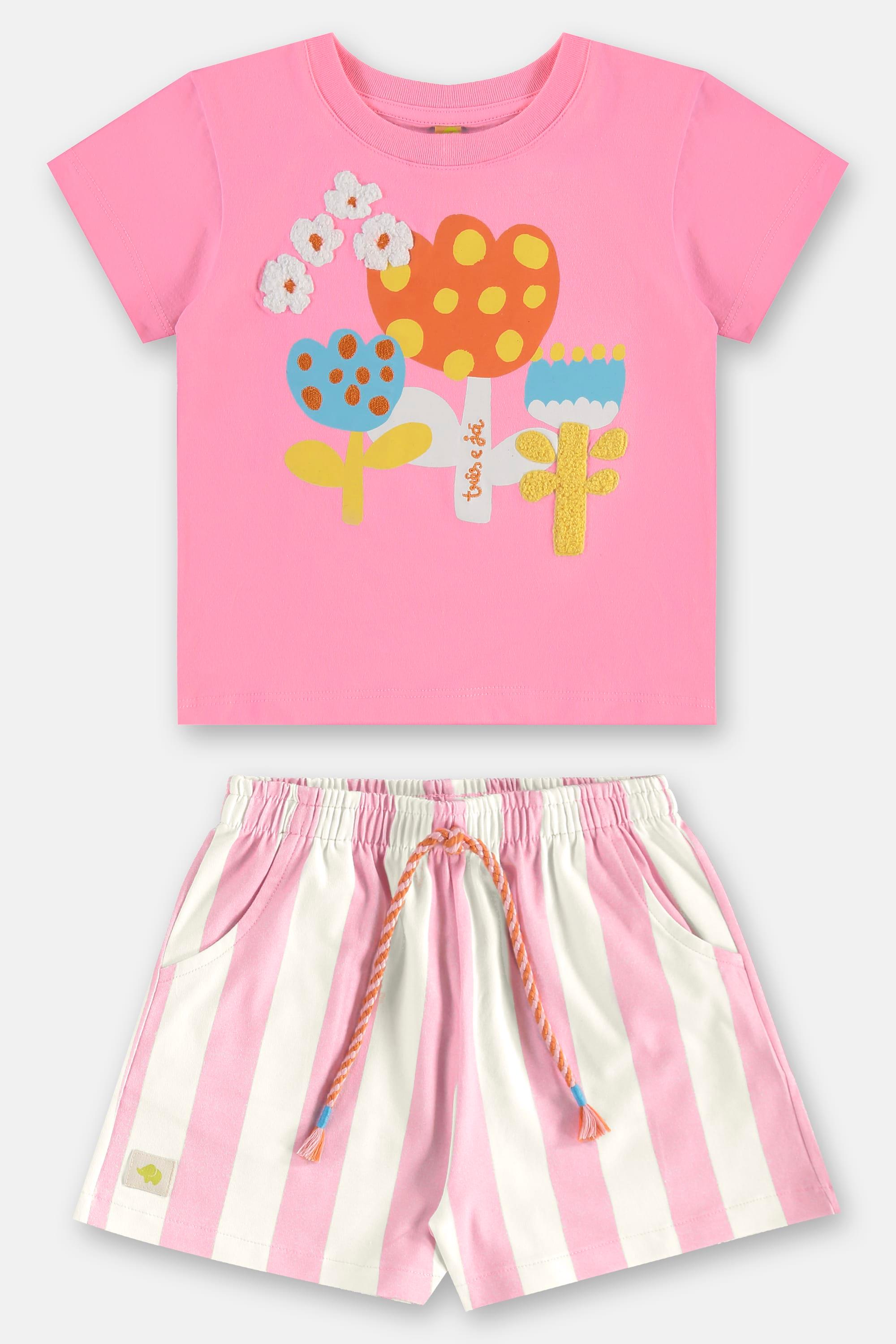 Conjunto Flores Infantil com Blusa e Short (Rosa) Três e Já - Imagem 2