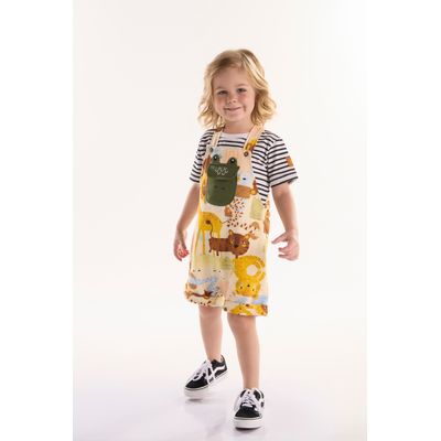 Conjunto Infantil Safári com Camiseta e Jardineira (Branco) Três e Já