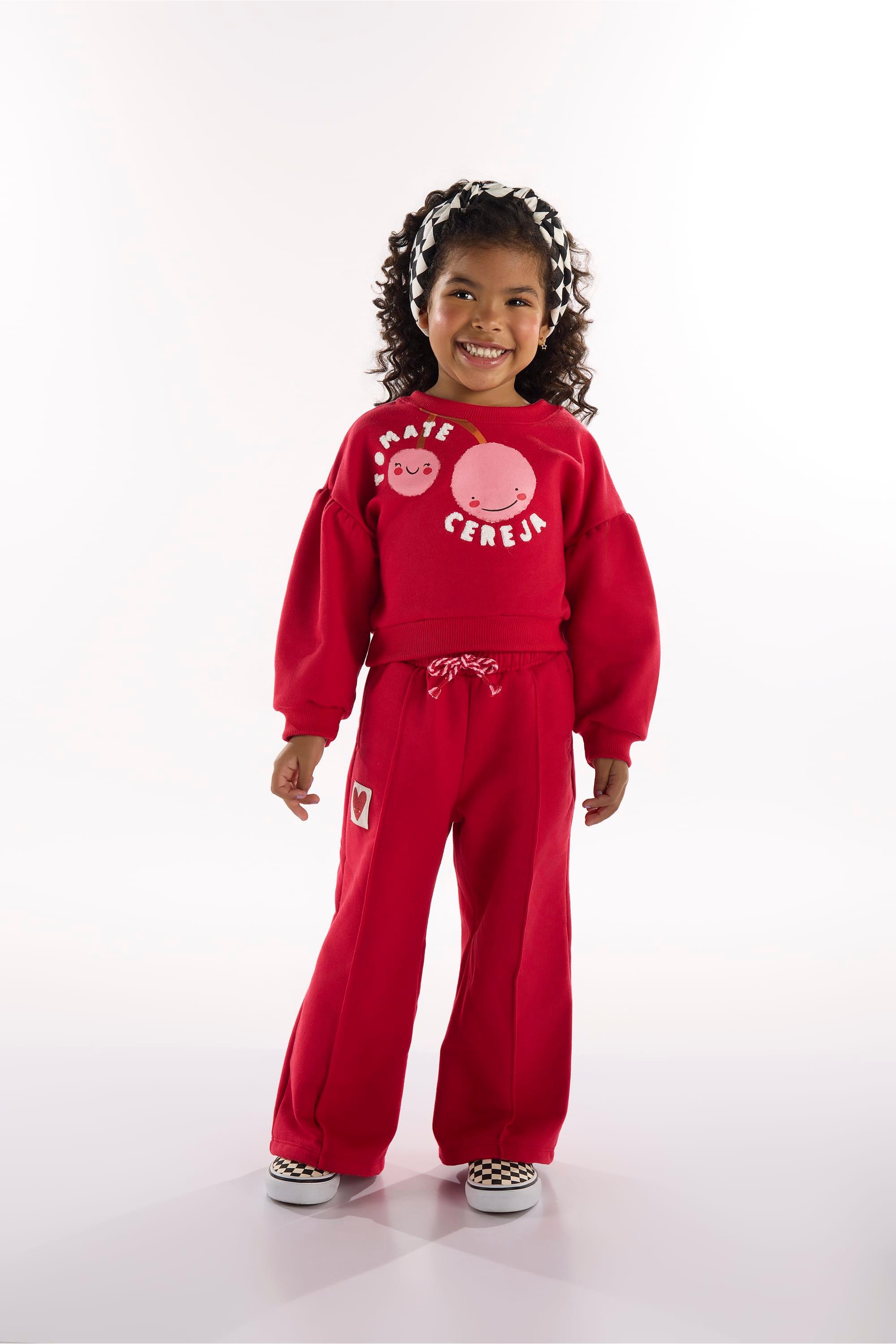 Conjunto Infantil Frutas Vermelhas com Blusão Cropped e Calça (Vermelho) Três e Já