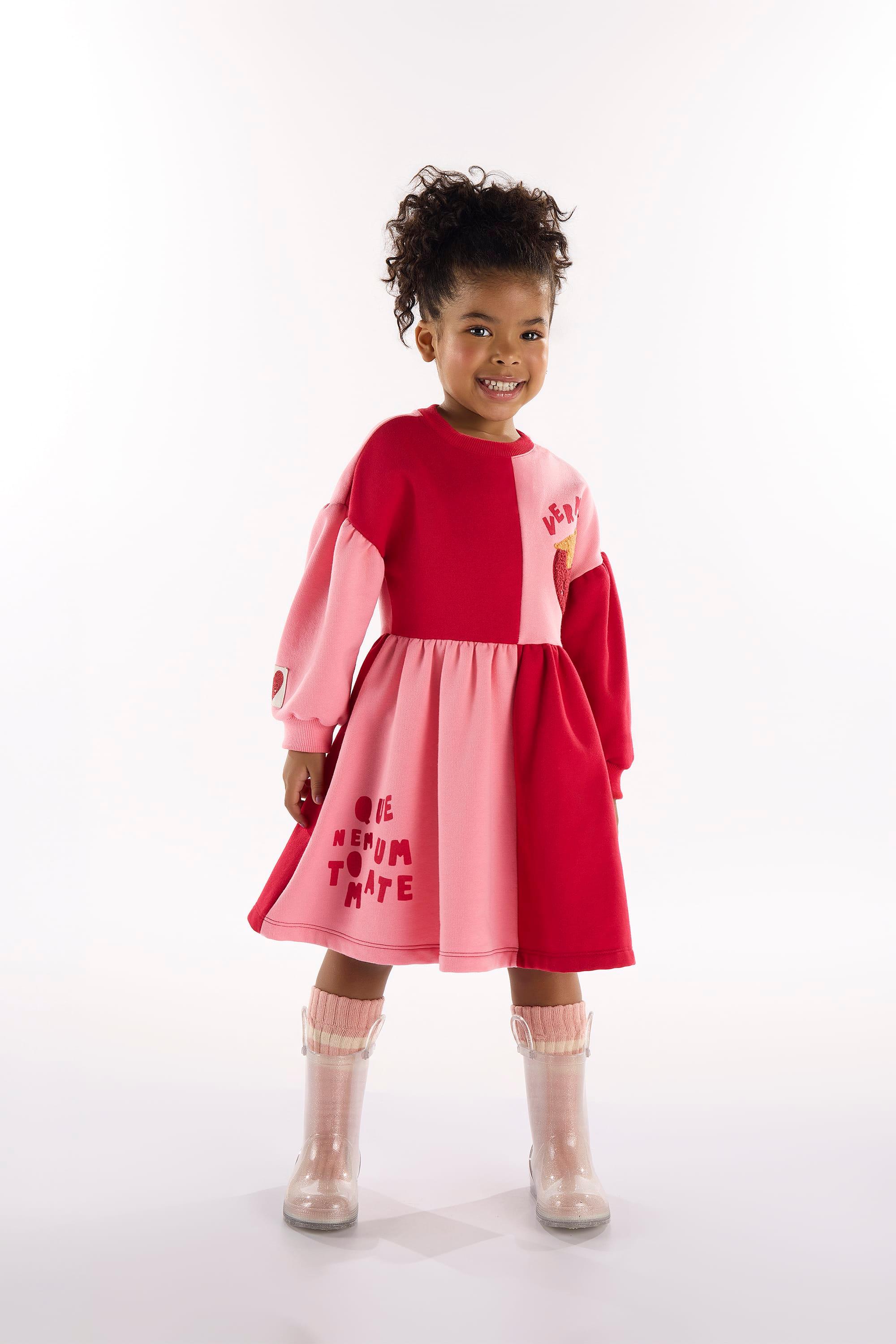 Vestido Infantil Frutas Vermelhas em Moletom Felpado (Vermelho) Três e Já